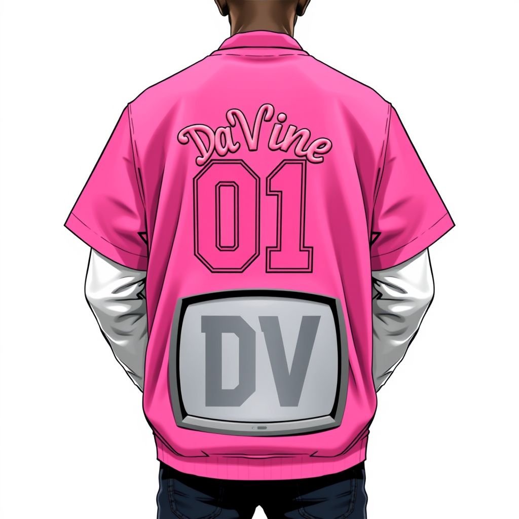 A street life, short sleeve with long sleeve under, graphic V neck Jersey with the number 01 on the back that says “Da’Vine” & DV on the front with the DV being on a blank TV. I want the colors to be light pink and white. I want all the designs embroidered on the jersey. Show the front and back design
Design a vibrant streetwear ensemble featuring a relaxed-fit, short-sleeve jersey shirt layered over a contrasting long-sleeve tee. Emphasize urban aesthetics with bold, embroidered graphics: “Da’Vine” emblazoned across the back above the number 01, and a prominent DV stitched on a blank TV in front, all in light pink and white. Showcase both front and back with unique stitching techniques that reflect the essence of street culture.
