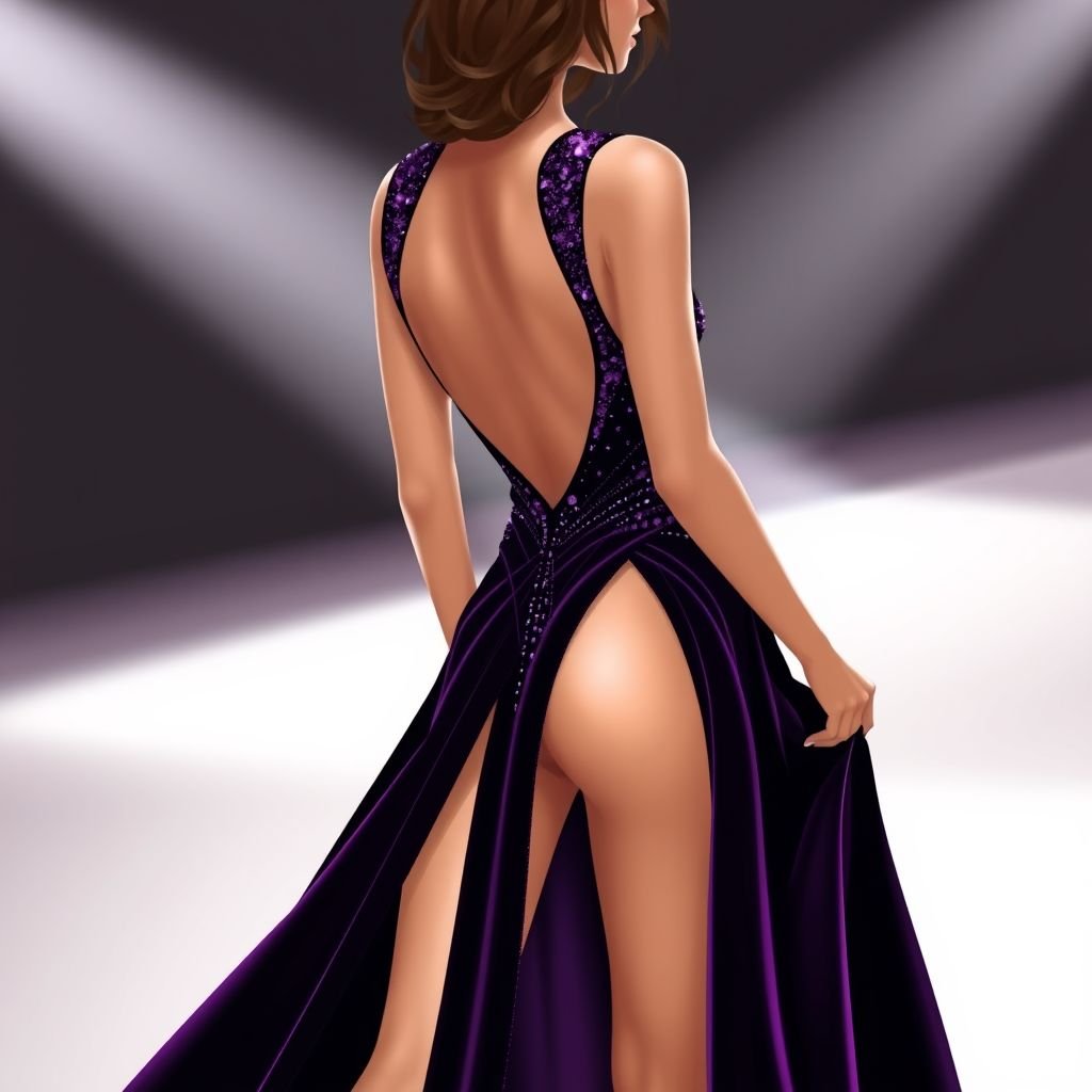 Create dark purple dress with sparkles on it and small stripes and backless gown with long slit
Design a mesmerizing dark purple gown that embodies elegance and mystery. The backless silhouette flows beautifully, accentuated by a daring thigh-high slit. Adorn the fabric with shimmering sparkles that dance in the light, and intricate velvet stripes that create a luxurious texture. This show-stopping piece is perfect for evening soirées.