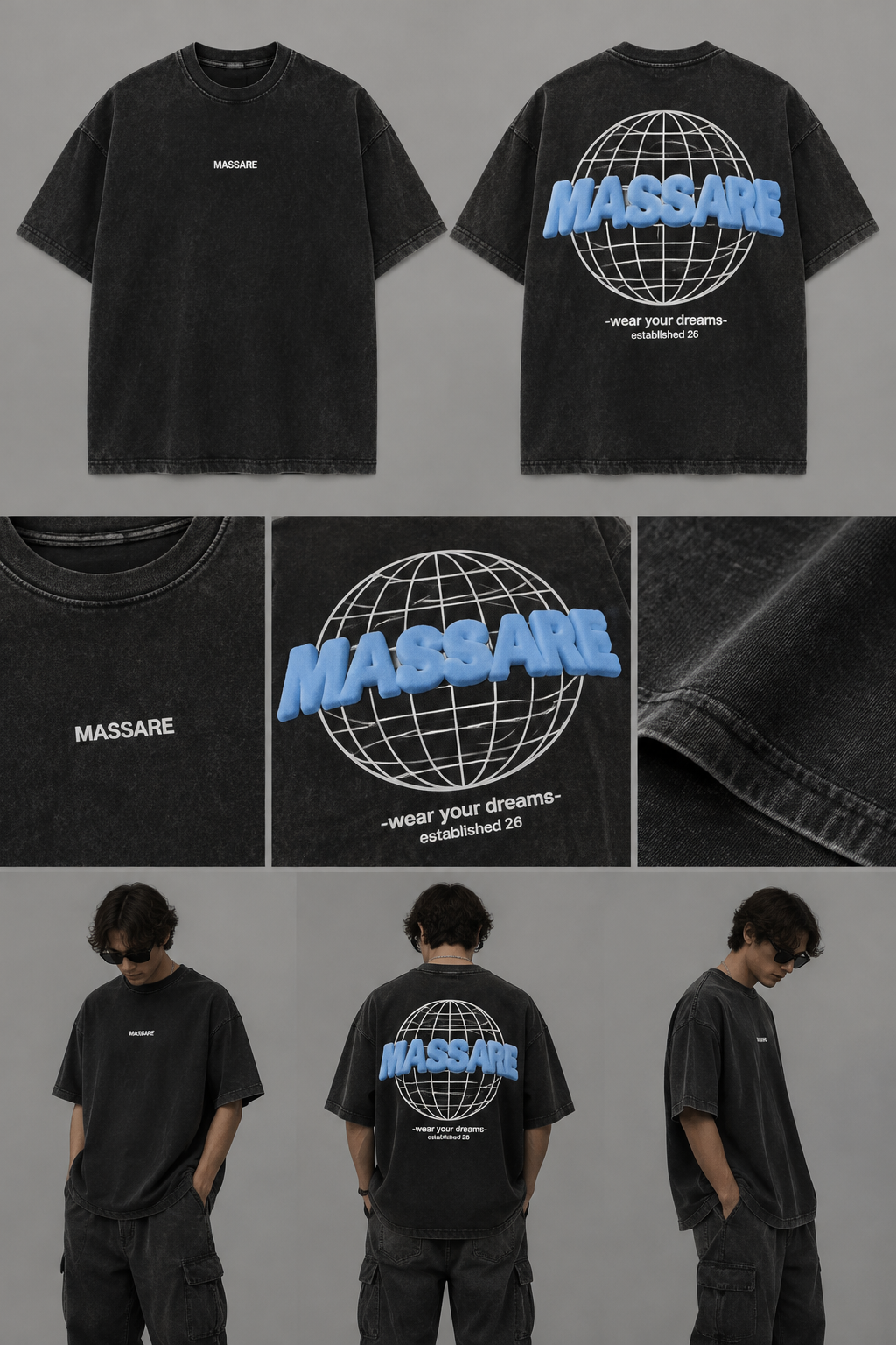 THeirs a small white text on front chest syaing MASSARE and on the back theres an empty white globe with a big light blue puff print saying MASSARE throufgh it and under in white text it says -wear your dreams- and under in says established 26 on a washed black tee
THeirs a small white text on front chest syaing MASSARE and on the back theres an empty white globe with a big light blue puff print saying MASSARE throufgh it and under in white text it says -wear your dreams- and under in says established 26 on a washed black tee, streetwear style