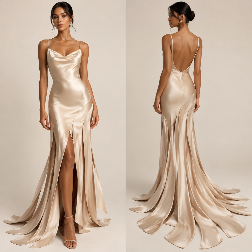 A Female Dress design, made of Satin, with a sleek, smooth finish, with a Fitted silhouette, in a Neutrals color palette, for Party, suitable for Summer, suited to a Humid climate, in Minimalist style, shown on a model with brown skin and a slim figure. vestido d 7 colas, inspirada en la serpiente d 7 colas d Venezuela. Colombia fashion aesthetics. Present it as professional fashion catalogue photography: the garment is the subject, shown full-length with editorial styling, neutral posing and tasteful, non-suggestive framing.
photorealistic fashion design, A Female Dress design, made of Satin, with a sleek, smooth finish, with a Fitted silhouette, in a Neutrals color palette, for Party, suitable for Summer, suited to a Humid climate, in Minimalist style, shown on a model with brown skin and a slim figure. vestido d 7 colas, inspirada en la serpiente d 7 colas d Venezuela. Colombia fashion aesthetics. Present it as professional fashion catalogue photography: the garment is the subject, shown full-length with editorial styling, neutral posing and tasteful, non-suggestive framing., minimalist style, just the design no text, show front and back