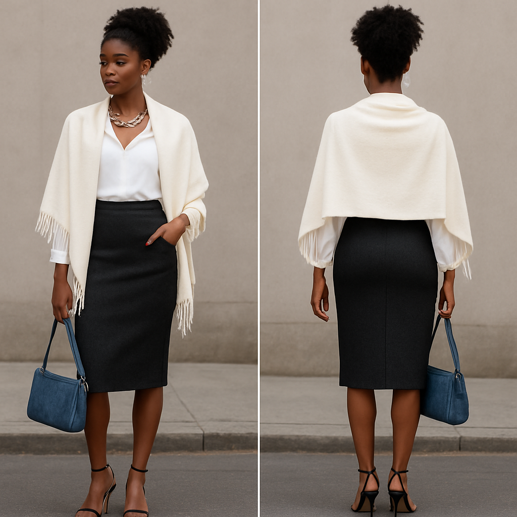 Black woman
White blouse
A shawl
Pencil skirt
Silver jewelry thing high
String heels
Blue jean purse
Black woman
White blouse
A shawl
Pencil skirt
Silver jewelry thing high
String heels
Blue jean purse
, streetwear style, show front and back