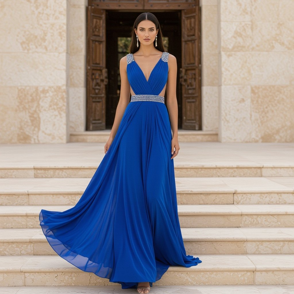 A blue draped pharoanic inspired gown with beadings that doesnt look costumey
Elegant fashion: Blue draped gown, pharaonic inspired **silhouette**, with **subtle** beadings.