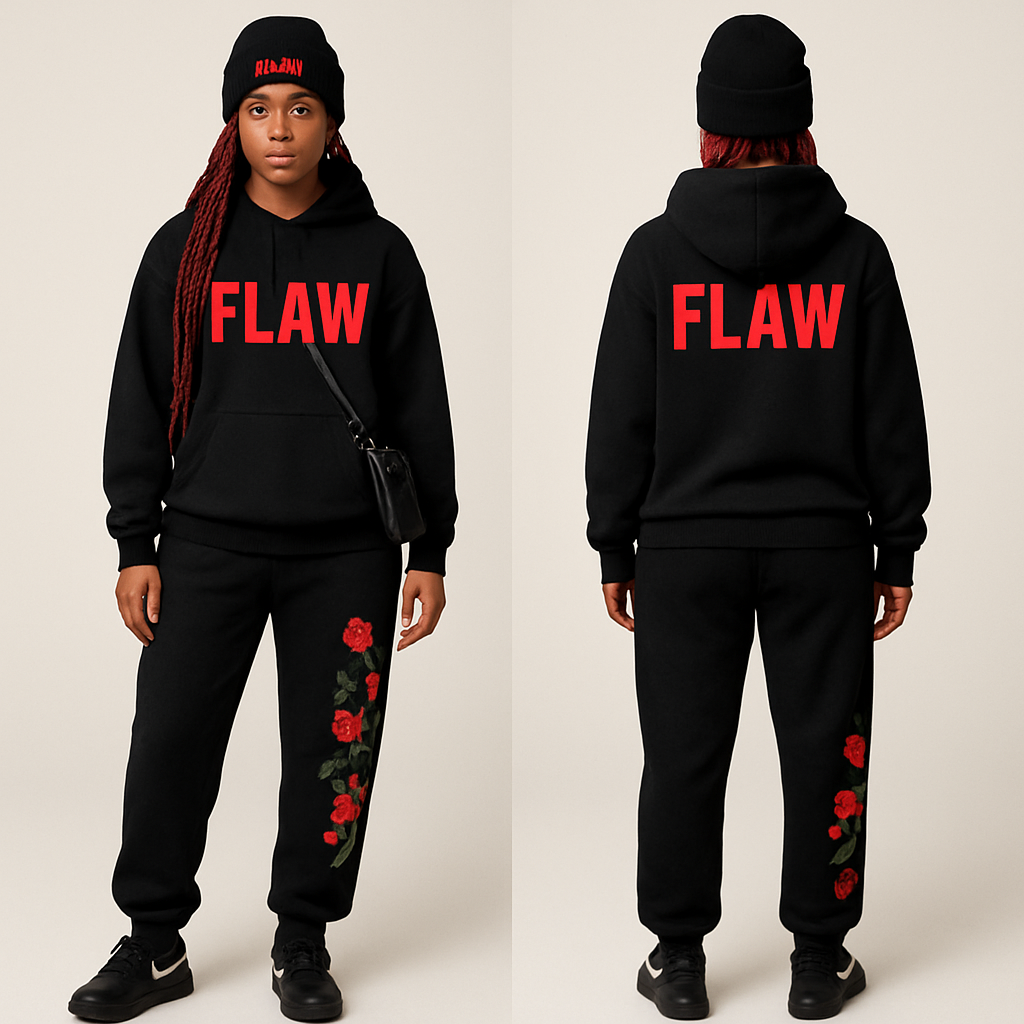 Black jogging suit hoodie with bold words Flaw in abbreviation on it in red braids gold hoop earrings and gold bracelet flowers one sleeve and pants Black cross body purse and black nike shoes a black beanie saying Flaw in red
Black jogging suit hoodie with bold words Flaw in abbreviation on it in red braids gold hoop earrings and gold bracelet flowers one sleeve and pants Black cross body purse and black nike shoes a black beanie saying Flaw in red, show front and back