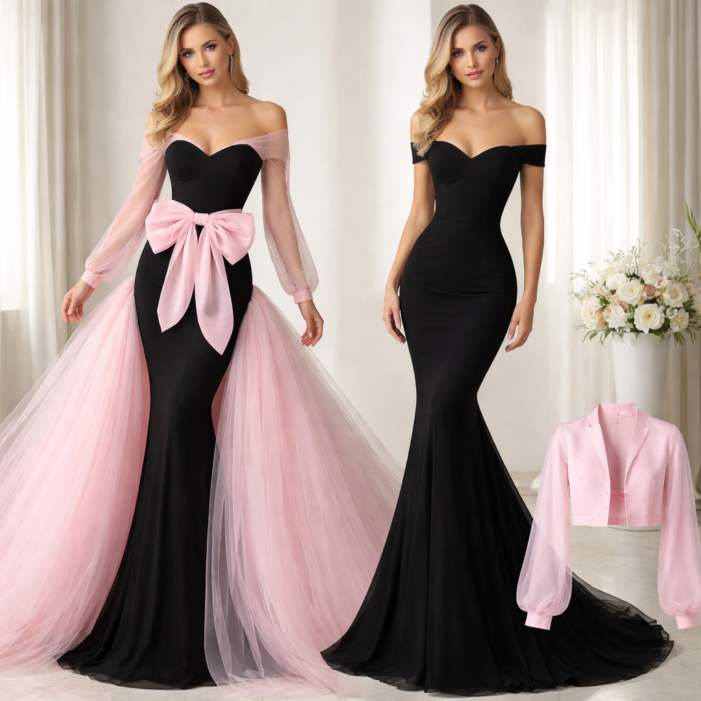 A stylish convertible evening gown featuring a form-fitting black mermaid bodice with an off-shoulder neckline and a removable pastel pink bow. The dress includes a detachable pastel pink tulle skirt that attaches with hidden snaps, transforming the fitted mermaid silhouette into a voluminous, flowing style. A matching pastel pink jacket provides coverage and completes the look, making the gown elegant, versatile, and perfect for weddings or formal events.
A stylish convertible evening gown featuring a form-fitting black mermaid bodice with an off-shoulder neckline and a removable pastel pink bow. The dress includes a detachable pastel pink tulle skirt that attaches with hidden snaps, transforming the fitted mermaid silhouette into a voluminous, flowing style. A matching pastel pink jacket provides coverage and completes the look, making the gown elegant, versatile, and perfect for weddings or formal events.
