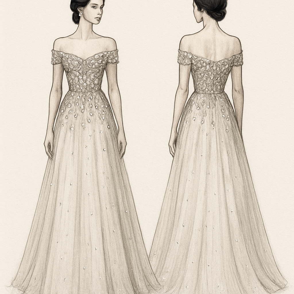 Off-shoulder evening gown, fully embellished top with teardrop crystals, silver and clear stones, fitted waist, and A-line tulle skirt with scattered stones.
Slim / Curvy
Off-shoulder evening gown, fully embellished top with teardrop crystals, silver and clear stones, fitted waist, and A-line tulle skirt with scattered stones.
Slim / Curvy, handmade style, show front and back