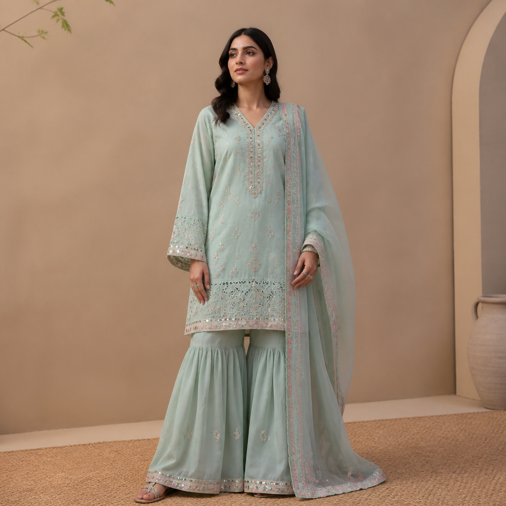 A Female Dress design, suitable for Summer. Consider Pakistani fashion — shalwar kameez, gharara, sharara; lawn fabrics, chiffon; intricate embroidery and mirror work. Current season is Summer in Pakistan.
photorealistic fashion design, A Female Dress design, suitable for Summer. Consider Pakistani fashion — shalwar kameez, gharara, sharara; lawn fabrics, chiffon; intricate embroidery and mirror work. Current season is Summer in Pakistan., just the design no text