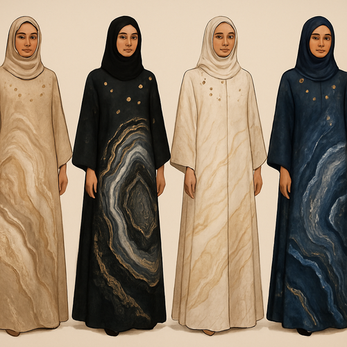 Create a modest boubou, the first of its kind, featuring a unique stone design that exudes a classy and sophisticated vibe. I'd like four designs, each showcasing different styles and fabrics. Incorporate high-end, unique chic stone designs to make them truly special. Add little sophisticated stone designs.