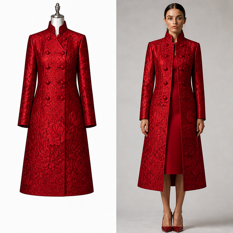 Make this in red rose with matching solid dress and
edit the attached fashion design with these instructions: Make this in red rose with matching solid dress and. keep it photorealistic, just the design no text
