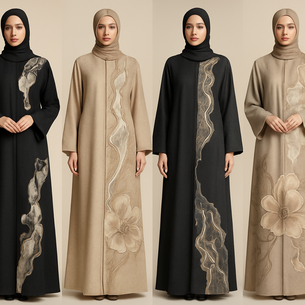 Create a modest abaya that's the first of its kind, featuring a unique stone design that exudes a classy and sophisticated vibe. I'd like four designs, each showcasing different styles and fabrics.Incorporate high-end, unique chic stone designs to make them truly special. And add little cute touch of sophisticated stone designs. Add huge flower and unique designs.
Create a modest abaya that's the first of its kind, featuring a unique stone design that exudes a classy and sophisticated vibe. I'd like four designs, each showcasing different styles and fabrics.Incorporate high-end, unique chic stone designs to make them truly special. And add little cute touch of sophisticated stone designs. Add huge flower and unique designs.