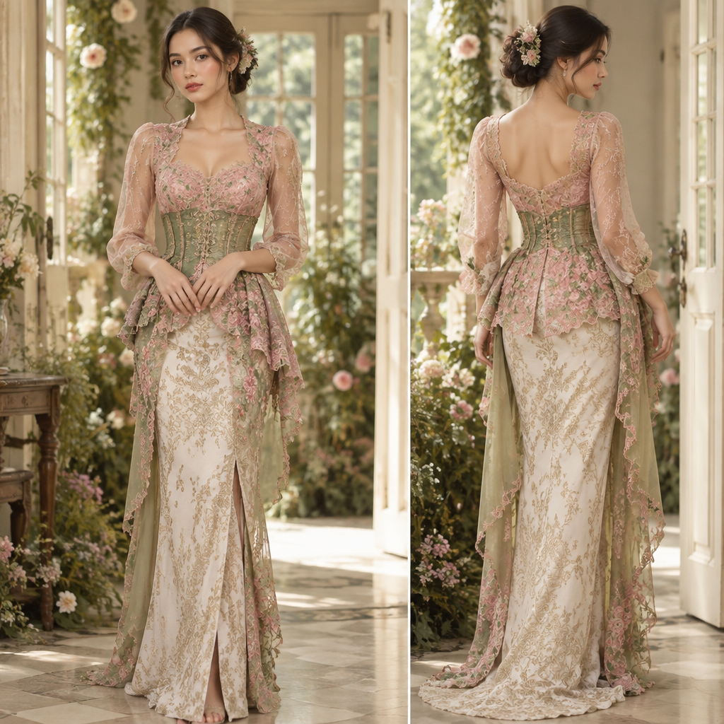 A Female Kebaya design, suitable for Summer, in Cottagecore style. desingn kebaya dengan memadukan tema fairytale dengan model atasan seperti di foto bawahan rok batik songket dan ada korset perut,untuk warna bajunya yaitu perpaduan warna pink dan hijau roknya, rok batik warna putih. Indonesia fashion aesthetics. Present it as professional fashion catalogue photography: the garment is the subject, shown full-length with editorial styling, neutral posing and tasteful, non-suggestive framing.
photorealistic fashion design, A Female Kebaya design, suitable for Summer, in Cottagecore style. desingn kebaya dengan memadukan tema fairytale dengan model atasan seperti di foto bawahan rok batik songket dan ada korset perut,untuk warna bajunya yaitu perpaduan warna pink dan hijau roknya, rok batik warna putih. Indonesia fashion aesthetics. Present it as professional fashion catalogue photography: the garment is the subject, shown full-length with editorial styling, neutral posing and tasteful, non-suggestive framing., cottagecore style, just the design no text
