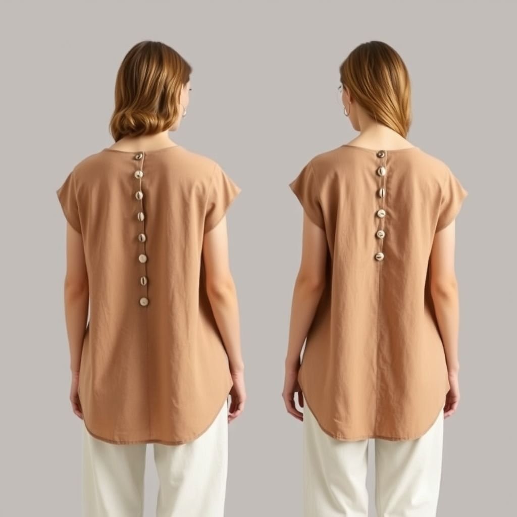 Summer top made from linen and organic cotton blend, capped sleeves, fitted, light brown, shell buttons down the middle of the back, v-neck, a-shaped silhouette, show front and back
Design a minimalist summer top featuring a delicate linen and organic cotton blend in a soft light brown hue. Highlight capped sleeves and a subtle v-neck that embraces simplicity. Showcase an A-shaped silhouette with a seamless flow, adorned with understated shell buttons elegantly descending the center back, capturing the essence of effortless elegance in both front and back views.