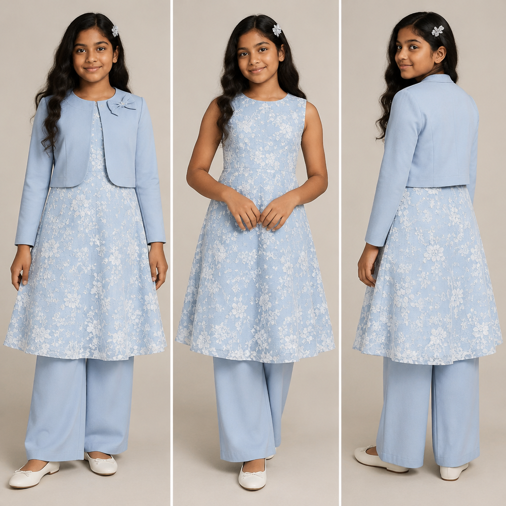 A Female Dress design. "A fashion design illustration of a young girl, age 10-12, height 152 cm, weight 52 kg, slightly tummy, dark skin tone. She is wearing a three-piece outfit: a light blue simple crop jacket with a round collar and a small bow on the shoulder, a light blue A-line dress with a white floral lace pattern, and matching light blue loose pants that can be styled with the jacket. The jacket is plain solid color, the dress has subtle floral texture. Modest and elegant style. Full-body fashion design illustration, front view, professional fashion catalogue photography."age10. IR fashion aesthetics. Present it as professional fashion catalogue photography: the garment is the subject, shown full-length with editorial styling, neutral posing and tasteful, non-suggestive framing.
photorealistic fashion design, A Female Dress design. "A fashion design illustration of a young girl, age 10-12, height 152 cm, weight 52 kg, slightly tummy, dark skin tone. She is wearing a three-piece outfit: a light blue simple crop jacket with a round collar and a small bow on the shoulder, a light blue A-line dress with a white floral lace pattern, and matching light blue loose pants that can be styled with the jacket. The jacket is plain solid color, the dress has subtle floral texture. Modest and elegant style. Full-body fashion design illustration, front view, professional fashion catalogue photography."age10. IR fashion aesthetics. Present it as professional fashion catalogue photography: the garment is the subject, shown full-length with editorial styling, neutral posing and tasteful, non-suggestive framing., just the design no text