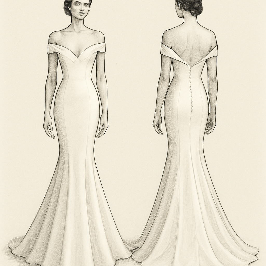 V-neck evening dress with a tail and off-the-shoulder mermaid cut
V-neck evening dress with a tail and off-the-shoulder mermaid cut
, classic style, show front and back