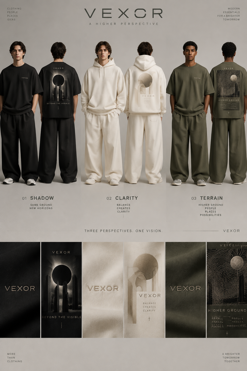 Create a premium, original streetwear collection for my clothing brand VEXOR. Generate a highly realistic professional fashion lookbook showing THREE different matching oversized outfits on young adult male models.
DESIGN 1 — ALL BLACK T-SHIRT SET:
A premium heavyweight black boxy oversized T-shirt with dropped shoulders and a slightly cropped, modern length, paired with matching extra-wide-leg trousers. The trousers should have a relaxed fit, elegant drape, elastic waistband, adjustable drawstrings, and practical side pockets. Add a small, beautifully embroidered VEXOR logo on the left chest. On the BACK of the T-shirt, create a large, original, artistic graphic inspired by abstract architecture, a solar eclipse, and futuristic geometric lines. Add subtle premium typography. The back print must be visually striking, sophisticated, and suitable for a luxury streetwear brand.
DESIGN 2 — OFF-WHITE HOODIE SET:
A matching warm off-white / cream oversized boxy hoodie and wide-leg trousers. The hoodie should have a relaxed silhouette, dropped shoulders, thick premium cotton fabric, a structured hood, and a clean front. Add a small tonal embroidered VEXOR logo on the chest. Create a sophisticated, minimal, original graphic on the back using subtle cream and beige tones. The trousers must match the hoodie perfectly in color and fabric.
DESIGN 3 — SMOKY OLIVE GREEN T-SHIRT SET:
A matching muted smoky olive-green boxy oversized T-shirt and extra-wide-leg trousers. Add subtle premium embroidery on the chest and a distinctive large artistic back print inspired by topographic lines, abstract symbols, and modern architectural shapes. Use a refined combination of olive green, dark charcoal, and muted beige for the graphic.
IMPORTANT DESIGN REQUIREMENTS:
* All three outfits must have matching tops and trousers in ONE consistent color per outfit.
* The black outfit must be completely black.
* The second outfit must be warm off-white / cream.
* The third outfit must be muted smoky olive green.
* Both T-shirts must have boxy oversized fits, dropped shoulders, and a slightly cropped length, not excessively long.
* The hoodie must have a boxy oversized fit.
* All trousers must be genuinely wide-leg from the hips down to the hem, with a relaxed, elegant silhouette.
* Use premium heavyweight cotton fabrics with realistic texture and beautiful natural draping.
* Make every design original, distinctive, commercially wearable, and suitable for a new premium streetwear brand.
* Avoid cheap-looking graphics, excessive logos, unnecessary decorations, and designs resembling existing fashion brands.
PRESENTATION:
Create a professional luxury fashion lookbook with front and back views of each complete outfit. Show the front view to highlight the chest embroidery and the back view to clearly display the artwork. Include full-body models, realistic proportions, high-end studio lighting, a clean neutral background, and detailed fabric textures. Present all three outfits in one coordinated fashion collection.
The final result should look like a real premium streetwear brand campaign and be suitable for presenting design concepts to a clothing manufacturer.
Brand name: VEXOR
Style: Premium minimalist streetwear, oversized silhouettes, artistic back graphics, modern luxury.
Create a premium, original streetwear collection for my clothing brand VEXOR. Generate a highly realistic professional fashion lookbook showing THREE different matching oversized outfits on young adult male models.
DESIGN 1 — ALL BLACK T-SHIRT SET:
A premium heavyweight black boxy oversized T-shirt with dropped shoulders and a slightly cropped, modern length, paired with matching extra-wide-leg trousers. The trousers should have a relaxed fit, elegant drape, elastic waistband, adjustable drawstrings, and practical side pockets. Add a small, beautifully embroidered VEXOR logo on the left chest. On the BACK of the T-shirt, create a large, original, artistic graphic inspired by abstract architecture, a solar eclipse, and futuristic geometric lines. Add subtle premium typography. The back print must be visually striking, sophisticated, and suitable for a luxury streetwear brand.
DESIGN 2 — OFF-WHITE HOODIE SET:
A matching warm off-white / cream oversized boxy hoodie and wide-leg trousers. The hoodie should have a relaxed silhouette, dropped shoulders, thick premium cotton fabric, a structured hood, and a clean front. Add a small tonal embroidered VEXOR logo on the chest. Create a sophisticated, minimal, original graphic on the back using subtle cream and beige tones. The trousers must match the hoodie perfectly in color and fabric.
DESIGN 3 — SMOKY OLIVE GREEN T-SHIRT SET:
A matching muted smoky olive-green boxy oversized T-shirt and extra-wide-leg trousers. Add subtle premium embroidery on the chest and a distinctive large artistic back print inspired by topographic lines, abstract symbols, and modern architectural shapes. Use a refined combination of olive green, dark charcoal, and muted beige for the graphic.
IMPORTANT DESIGN REQUIREMENTS:
* All three outfits must have matching tops and trousers in ONE consistent color per outfit.
* The black outfit must be completely black.
* The second outfit must be warm off-white / cream.
* The third outfit must be muted smoky olive green.
* Both T-shirts must have boxy oversized fits, dropped shoulders, and a slightly cropped length, not excessively long.
* The hoodie must have a boxy oversized fit.
* All trousers must be genuinely wide-leg from the hips down to the hem, with a relaxed, elegant silhouette.
* Use premium heavyweight cotton fabrics with realistic texture and beautiful natural draping.
* Make every design original, distinctive, commercially wearable, and suitable for a new premium streetwear brand.
* Avoid cheap-looking graphics, excessive logos, unnecessary decorations, and designs resembling existing fashion brands.
PRESENTATION:
Create a professional luxury fashion lookbook with front and back views of each complete outfit. Show the front view to highlight the chest embroidery and the back view to clearly display the artwork. Include full-body models, realistic proportions, high-end studio lighting, a clean neutral background, and detailed fabric textures. Present all three outfits in one coordinated fashion collection.
The final result should look like a real premium streetwear brand campaign and be suitable for presenting design concepts to a clothing manufacturer.
Brand name: VEXOR
Style: Premium minimalist streetwear, oversized silhouettes, artistic back graphics, modern luxury.