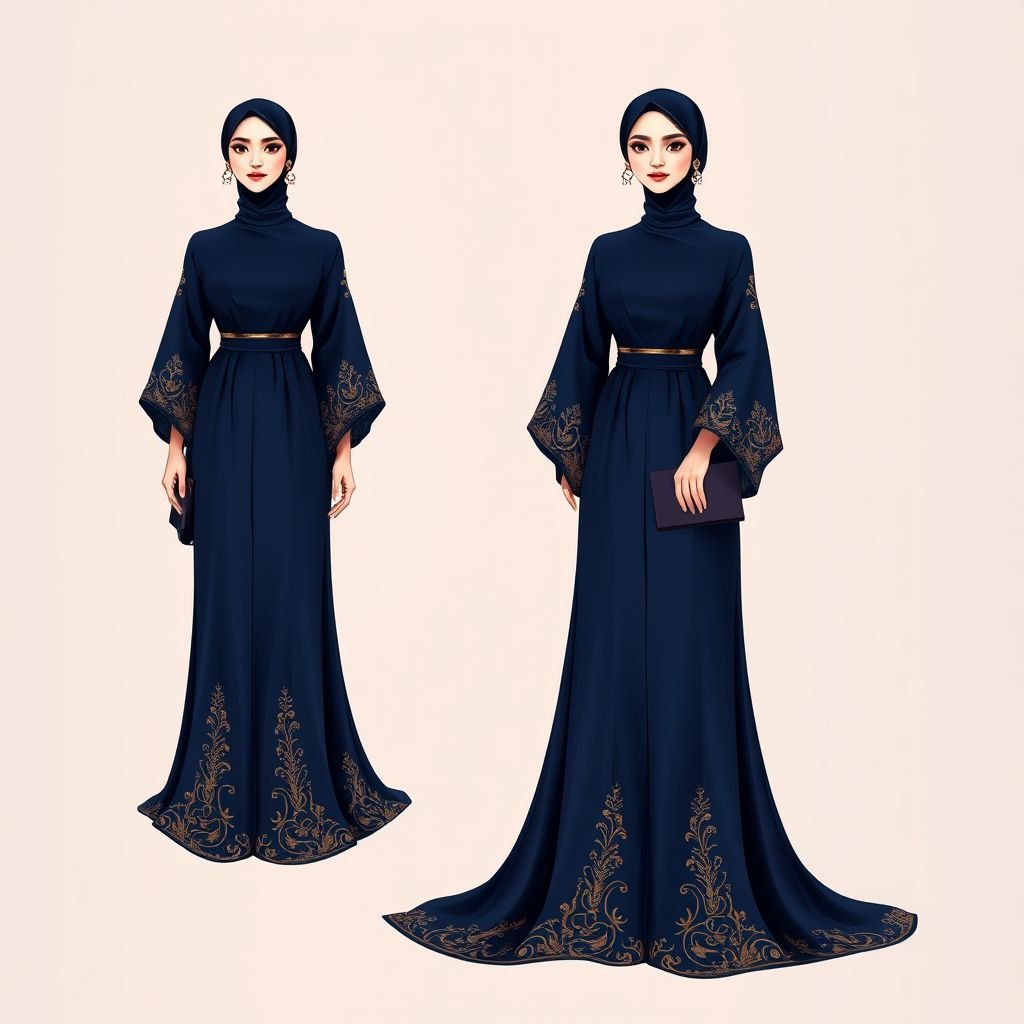 Dress with abaya style
Design an elegant abaya-inspired formal dress, featuring a flowing silhouette in rich navy silk. Incorporate intricate gold embroidery along the sleeves and hem, accentuating its luxurious appeal. The high neckline and delicate tailored waist enhance sophistication, while a subtle train adds grandeur. Accessorize with statement chandeliers and a sleek clutch.