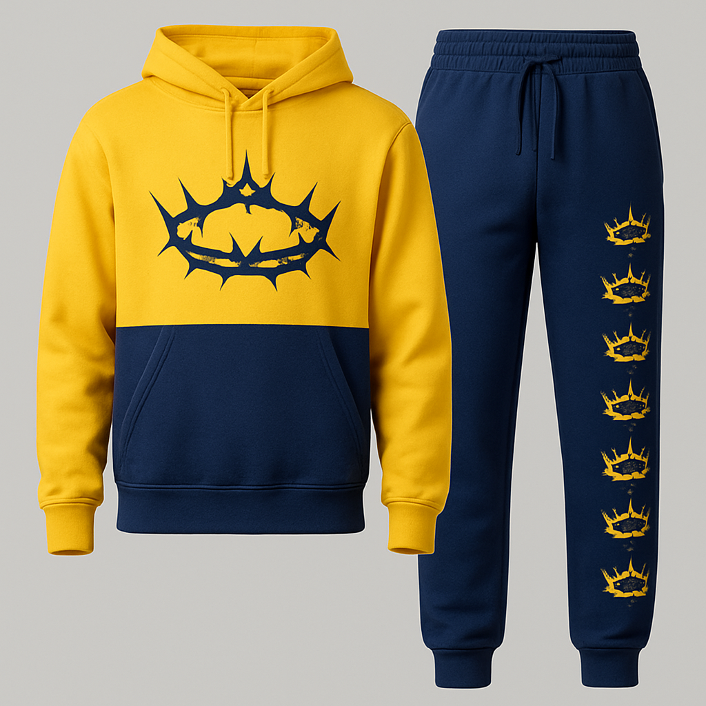 Yellow and navy blue Jogging suit with a thorned crown in the middle of the chest and More thorned crowns pattern from top to bottom of pants
Yellow and navy blue Jogging suit with a thorned crown in the middle of the chest and More thorned crowns pattern from top to bottom of pants