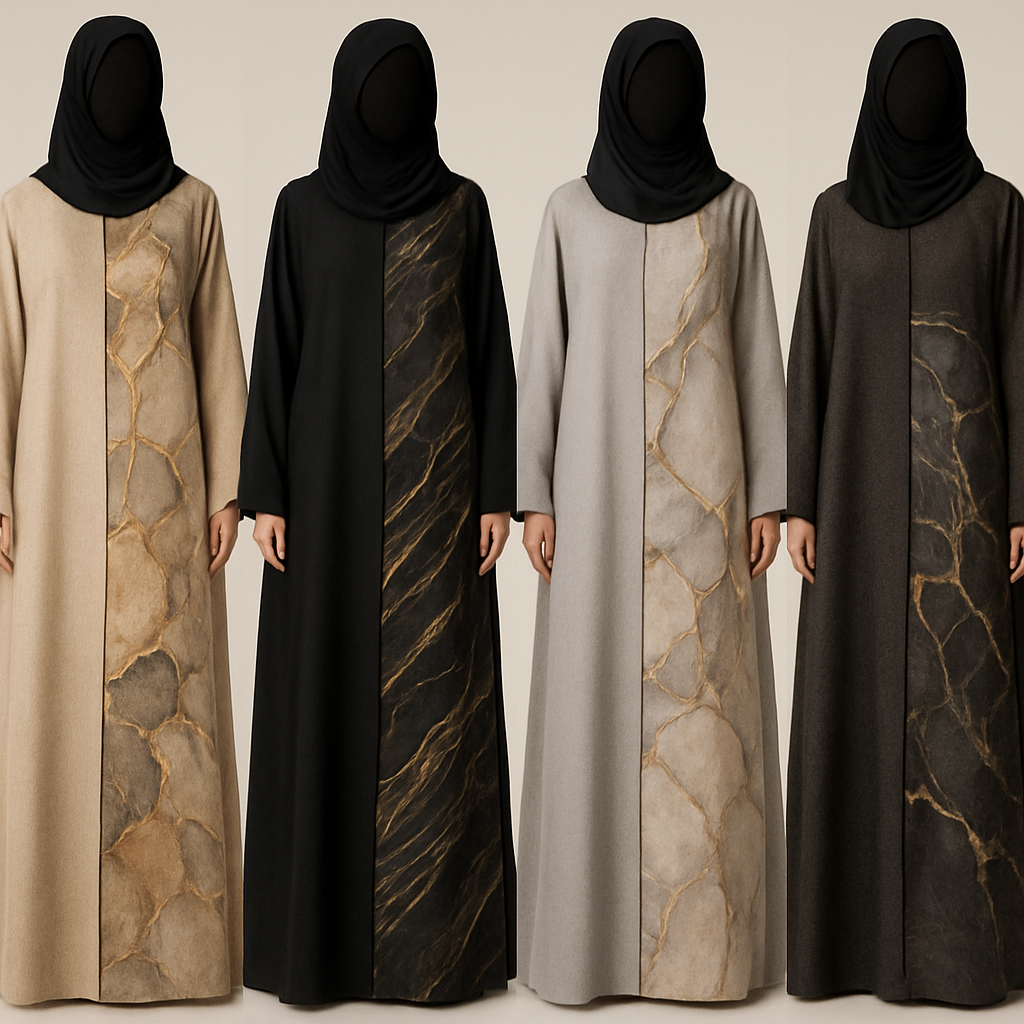 Create a modest abaya that's the first of its kind, featuring a unique stone design that exudes a classy and sophisticated vibe. I'd like four designs, each showcasing different styles and fabrics.
Incorporate high-end, unique chic stone designs to make them truly special.
Create a modest abaya that's the first of its kind, featuring a unique stone design that exudes a classy and sophisticated vibe. I'd like four designs, each showcasing different styles and fabrics.
Incorporate high-end, unique chic stone designs to make them truly special.