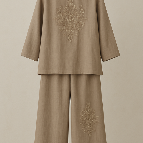 A pioneering two-piece modest ensemble crafted from premium linen — featuring fluid, loose-cut pants and an elegant relaxed top, elevated with refined embroidery and delicate stone detailing. Designed in minimalist, sophisticated hues, it delivers a rich, chic aesthetic that feels unmistakably unique and first of its kind. Make them breathable and stylish hands
