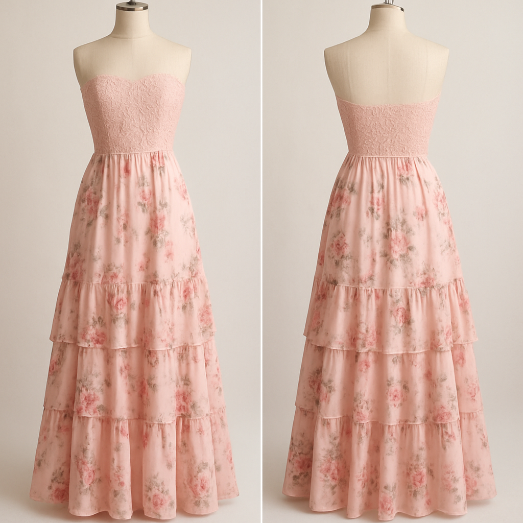 Long light pink dress with a floral design and  a Lacey top and ruffles on the skirt and strapless skirt that looks real

Long light pink dress with a floral design and  a Lacey top and ruffles on the skirt and strapless skirt that looks real, show front and back