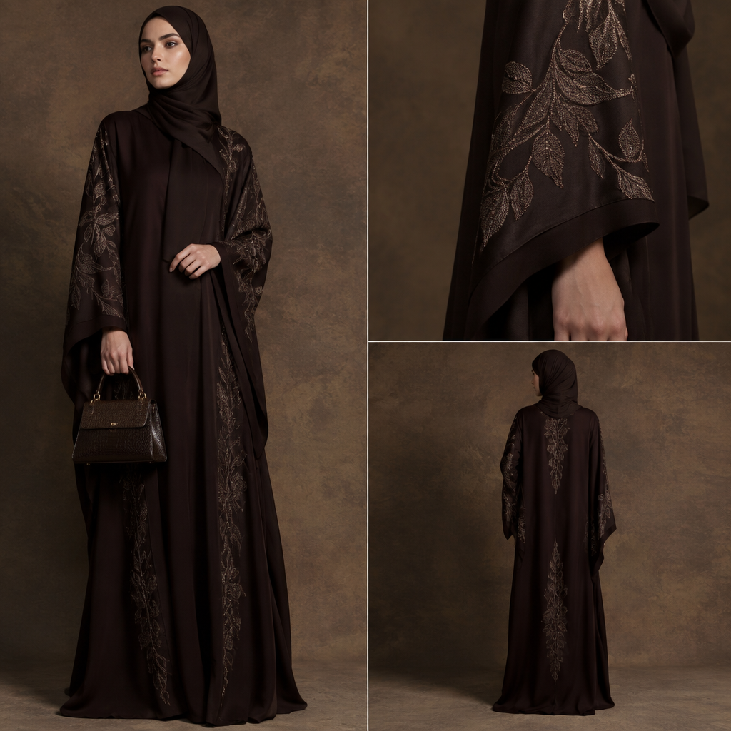 A Abaya design, suitable for Fall. платья из алая. Russia fashion aesthetics. Present it as professional fashion catalogue photography: the garment is the subject, shown full-length with editorial styling, neutral posing and tasteful, non-suggestive framing.
photorealistic fashion design, A Abaya design, suitable for Fall. платья из алая. Russia fashion aesthetics. Present it as professional fashion catalogue photography: the garment is the subject, shown full-length with editorial styling, neutral posing and tasteful, non-suggestive framing., just the design no text