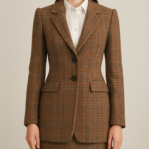 Tweed fitted blazer to mid thigh with white collared shirt underneath