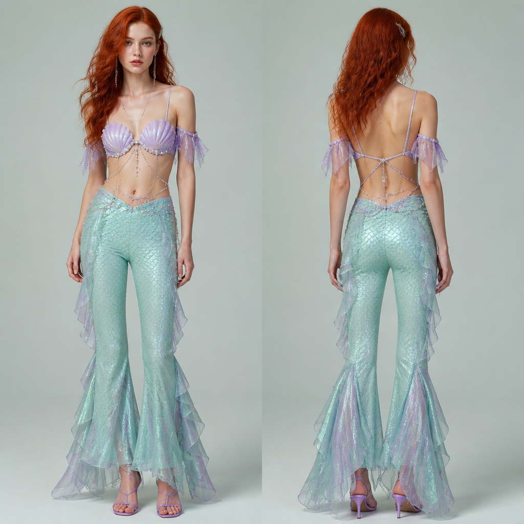 A European girl with bold wavy red hair and she is wearing a lilac top that looks like she is wearing seashells and she is wearing seafoam green pants that look like she has
a Mermaid’s tail and she has lilac sandals on
photorealistic fashion design, A European girl with bold wavy red hair and she is wearing a lilac top that looks like she is wearing seashells and she is wearing seafoam green pants that look like she has
a Mermaid’s tail and she has lilac sandals on , seapunk style, just the design no text, show front and back