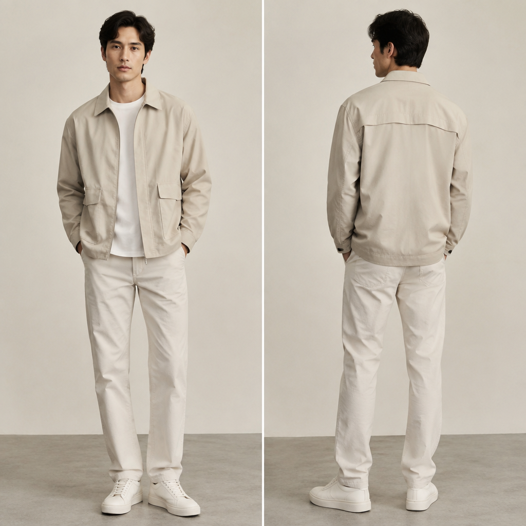 A Male Jacket design, made of Cotton, with a sturdy, casual hand, with a Relaxed silhouette, in a Monochrome color palette, for Casual, suitable for Summer, suited to a Tropical climate, in Minimalist + Old Money style. baju pria casual, nyaman di pakai dan tahan lama, desain tidak terlalu berlebihan. Indonesia fashion aesthetics. Present it as professional fashion catalogue photography: the garment is the subject, shown full-length with editorial styling, neutral posing and tasteful, non-suggestive framing.
photorealistic fashion design, A Male Jacket design, made of Cotton, with a sturdy, casual hand, with a Relaxed silhouette, in a Monochrome color palette, for Casual, suitable for Summer, suited to a Tropical climate, in Minimalist + Old Money style. baju pria casual, nyaman di pakai dan tahan lama, desain tidak terlalu berlebihan. Indonesia fashion aesthetics. Present it as professional fashion catalogue photography: the garment is the subject, shown full-length with editorial styling, neutral posing and tasteful, non-suggestive framing., minimalist style, just the design no text, show front and back