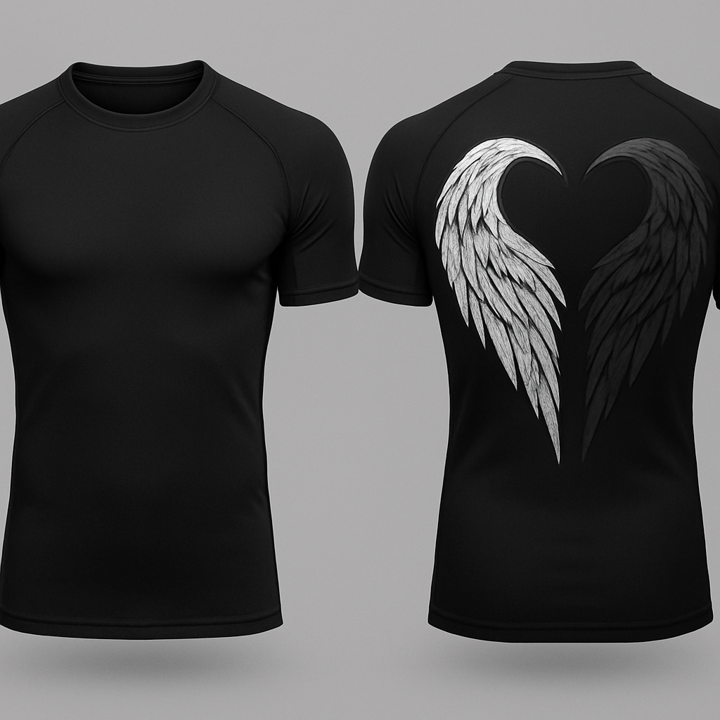 Black base short sleeve compression jujitsu rash guard shirt. 2 angle wings on the back, one white and the other dark gray. Make the wings kinda form a shape of a heart without making it too obnoxious so the wings look natural still
Black base short sleeve compression jujitsu rash guard shirt. 2 angle wings on the back, one white and the other dark gray. Make the wings kinda form a shape of a heart without making it too obnoxious so the wings look natural still , emo style, show front and back