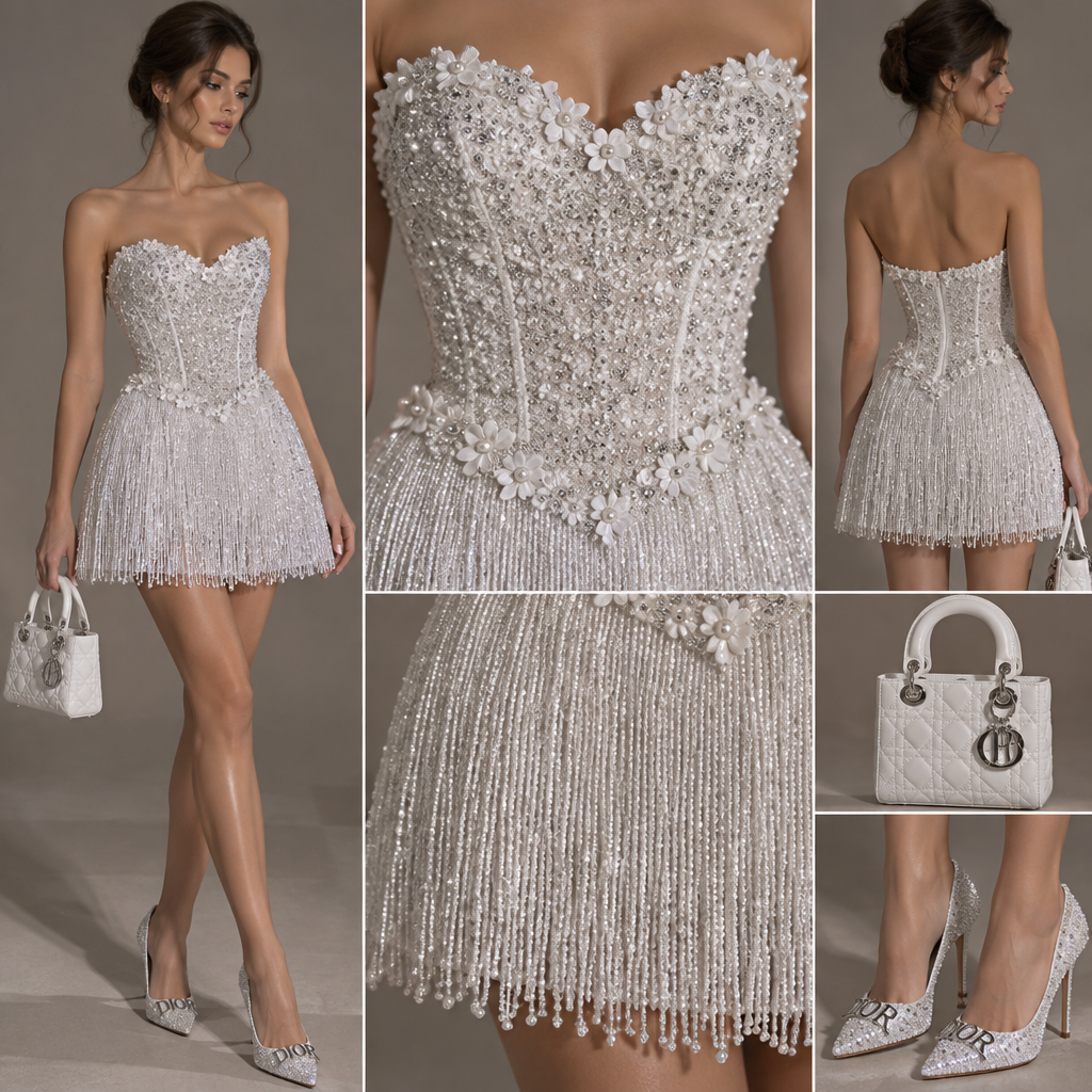 Recreate the outfit exactly as described below. The dress is the main focus. Do not simplify any detail and do not replace any material or decoration with a similar-looking alternative.
DRESS: A short, luxurious pure white strapless mini dress. The dress has a highly structured, fitted corset bodice. The neckline is a sweetheart neckline: the upper edge curves gently downward in the center and rises toward both sides. The neckline edge is irregular and decorated with many tiny three-dimensional white floral appliqués, small pearls, rhinestones, and silver crystals. There are no straps and no sleeves.
The corset is fitted tightly from the bust down to the waist and has a smooth, structured silhouette. The entire front of the corset is covered with dense silver-white crystal embellishment. The crystals are tiny and numerous, creating a continuous sparkling surface. Add intricate small floral and vine-like crystal embroidery throughout the bodice. The embellishment should look sewn directly onto the dress, not printed onto the fabric.
The sides of the corset remain white but contain scattered crystals and delicate floral embellishments. The center front is especially densely covered with tiny shimmering crystals, creating a bright silver-white sparkle.
WAIST DETAIL: The waist is narrow and clearly defined. Around the transition between the corset and skirt is a very specific curved V-shaped decorative border. It is made from many tiny white flowers, pearls, rhinestones, and silver crystals. The decoration begins higher on both sides of the waist and curves downward toward the center front, forming a soft upside-down V. Do not make it a straight horizontal waistband.
SKIRT: The skirt begins directly from the decorated waist and becomes slightly wider toward the bottom. It is a short A-line mini skirt, not tight and not body-hugging. The skirt reaches approximately above the knee.
The skirt is NOT made from ordinary fabric alone. It is covered from the waist down with hundreds of extremely thin individual vertical beaded fringe strands. Each strand hangs separately from the waist toward the bottom hem. The strands are very fine, densely packed next to one another, and predominantly white with subtle silver sparkle.
The fringe strands should look like long, delicate strings of tiny beads/crystals, not thick tassels. They hang vertically and create a fluid, shimmering curtain effect. Every movement should make the individual strands move independently. Keep the fringe visible across the entire front of the skirt, with no large empty sections.
The bottom of the mini skirt is finished entirely with these hanging fringe strands, creating a soft, slightly uneven moving hem. Do not replace the fringe with pleats, feathers, lace, tulle, ruffles, or ordinary sequins.
COLOR: The entire dress is bright icy white. The crystals reflect silver-white light. There is absolutely no gold, beige, champagne, cream, pink, blue, black, or colored fabric.
HANDBAG: Add a small structured white Dior handbag carried elegantly in one hand. The handbag must be clearly visible and proportionate to the outfit, not oversized. It should have a compact rectangular/square structured silhouette, clean white exterior, short elegant handles, and refined silver hardware. Add the recognizable Dior lettering/logo detail on the front of the handbag, clearly visible but elegant. The bag should look luxurious and polished, matching the icy-white and silver crystal color palette of the dress.
SHOES: Add white luxury high heels with a slim elegant high heel and a refined pointed front. The entire upper surface of the shoes should be covered with small sparkling crystals, creating a strong shimmering effect when light hits them. The shoes must be bright icy white/silver, matching the dress.
On the very front of each shoe, directly on the toe box, place a clearly visible DIOR logo facing forward. The logo must be positioned horizontally across the front/toe area, not on the side, not on the heel, and not underneath the shoe. Make the DIOR lettering elegant, polished, silver/crystal, and clearly readable.
The shoes should sparkle strongly because of the crystals, while the Dior logo remains clearly distinguishable from the surrounding sparkle.
FINAL LOOK: The complete outfit must consist of one strapless white crystal corset mini dress with a sweetheart neckline, heavily embellished bodice, narrow defined waist with a V-shaped floral crystal border, short slightly flared skirt completely covered in extremely fine vertical beaded fringe, a small structured white Dior handbag, and sparkling white crystal high heels with a DIOR logo positioned directly on the front toe of each shoe.
Do not add sleeves, straps, a long skirt, a train, a slit, a bow, colored details, gold hardware, chunky tassels, or any unrelated accessories. Keep every element white, silver, crystal-covered, elegant, and extremely luxurious.
photorealistic fashion design, Recreate the outfit exactly as described below. The dress is the main focus. Do not simplify any detail and do not replace any material or decoration with a similar-looking alternative.
DRESS: A short, luxurious pure white strapless mini dress. The dress has a highly structured, fitted corset bodice. The neckline is a sweetheart neckline: the upper edge curves gently downward in the center and rises toward both sides. The neckline edge is irregular and decorated with many tiny three-dimensional white floral appliqués, small pearls, rhinestones, and silver crystals. There are no straps and no sleeves.
The corset is fitted tightly from the bust down to the waist and has a smooth, structured silhouette. The entire front of the corset is covered with dense silver-white crystal embellishment. The crystals are tiny and numerous, creating a continuous sparkling surface. Add intricate small floral and vine-like crystal embroidery throughout the bodice. The embellishment should look sewn directly onto the dress, not printed onto the fabric.
The sides of the corset remain white but contain scattered crystals and delicate floral embellishments. The center front is especially densely covered with tiny shimmering crystals, creating a bright silver-white sparkle.
WAIST DETAIL: The waist is narrow and clearly defined. Around the transition between the corset and skirt is a very specific curved V-shaped decorative border. It is made from many tiny white flowers, pearls, rhinestones, and silver crystals. The decoration begins higher on both sides of the waist and curves downward toward the center front, forming a soft upside-down V. Do not make it a straight horizontal waistband.
SKIRT: The skirt begins directly from the decorated waist and becomes slightly wider toward the bottom. It is a short A-line mini skirt, not tight and not body-hugging. The skirt reaches approximately above the knee.
The skirt is NOT made from ordinary fabric alone. It is covered from the waist down with hundreds of extremely thin individual vertical beaded fringe strands. Each strand hangs separately from the waist toward the bottom hem. The strands are very fine, densely packed next to one another, and predominantly white with subtle silver sparkle.
The fringe strands should look like long, delicate strings of tiny beads/crystals, not thick tassels. They hang vertically and create a fluid, shimmering curtain effect. Every movement should make the individual strands move independently. Keep the fringe visible across the entire front of the skirt, with no large empty sections.
The bottom of the mini skirt is finished entirely with these hanging fringe strands, creating a soft, slightly uneven moving hem. Do not replace the fringe with pleats, feathers, lace, tulle, ruffles, or ordinary sequins.
COLOR: The entire dress is bright icy white. The crystals reflect silver-white light. There is absolutely no gold, beige, champagne, cream, pink, blue, black, or colored fabric.
HANDBAG: Add a small structured white Dior handbag carried elegantly in one hand. The handbag must be clearly visible and proportionate to the outfit, not oversized. It should have a compact rectangular/square structured silhouette, clean white exterior, short elegant handles, and refined silver hardware. Add the recognizable Dior lettering/logo detail on the front of the handbag, clearly visible but elegant. The bag should look luxurious and polished, matching the icy-white and silver crystal color palette of the dress.
SHOES: Add white luxury high heels with a slim elegant high heel and a refined pointed front. The entire upper surface of the shoes should be covered with small sparkling crystals, creating a strong shimmering effect when light hits them. The shoes must be bright icy white/silver, matching the dress.
On the very front of each shoe, directly on the toe box, place a clearly visible DIOR logo facing forward. The logo must be positioned horizontally across the front/toe area, not on the side, not on the heel, and not underneath the shoe. Make the DIOR lettering elegant, polished, silver/crystal, and clearly readable.
The shoes should sparkle strongly because of the crystals, while the Dior logo remains clearly distinguishable from the surrounding sparkle.
FINAL LOOK: The complete outfit must consist of one strapless white crystal corset mini dress with a sweetheart neckline, heavily embellished bodice, narrow defined waist with a V-shaped floral crystal border, short slightly flared skirt completely covered in extremely fine vertical beaded fringe, a small structured white Dior handbag, and sparkling white crystal high heels with a DIOR logo positioned directly on the front toe of each shoe.
Do not add sleeves, straps, a long skirt, a train, a slit, a bow, colored details, gold hardware, chunky tassels, or any unrelated accessories. Keep every element white, silver, crystal-covered, elegant, and extremely luxurious., just the design no text