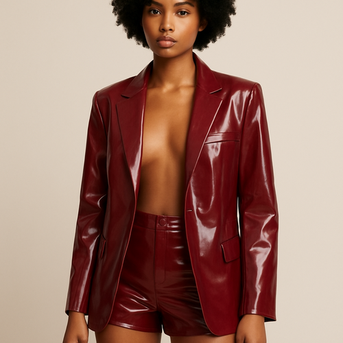 Deep burgundy vinyl short shorts
Matching oversized blazer
Make shorts sit lower on waist
Make blazer longer
Change material to pvc
Open blazer