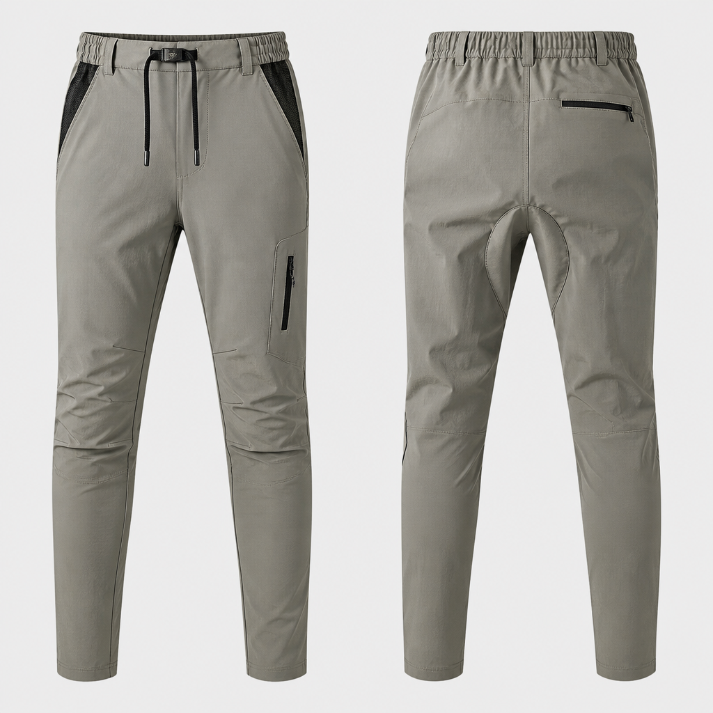 Front View: 1. Waistband with Drawcord (Flat Technical Drawcord): A minimalist flat technical drawcord system at the waist provides a comfortable, clean fit without the need for a belt. 2. Front Pockets (Mesh Lining): Deep front hand pockets featuring mesh lining for added ventilation and breathability. 3. Tapered Cut: A cut that gradually narrows from the knee down, creating a sleek, modern, and neat silhouette suitable for everyone. 4. Side Cargo with Hidden Zipper (Hidden Waterproof YKK Zipper): A slim side cargo pocket featuring a hidden, waterproof zipper; the design lies flat when empty, maintaining a simple, clean aesthetic. 5. Articulated Knees: Specialized panel stitching at the knees allows for maximum freedom of movement when bending (e.g., hiking or squatting). 6. Flat Hem: A clean, simple hem without elastic cuffs, making it versatile enough to pair with various types of footwear. Back View: 1. Partial Elastic Waist: Elastic sections at the sides and back of the waistband provide comfortable size flexibility (adjusting by +/- 2 sizes). 2. Clean, Welt Back Pocket: A minimalist welt-style back pocket featuring a slim, zippered flap closure. 3. Tapered Fit: Maintains a consistent, sleek silhouette when viewed from the back. 4. Gusseted Crotch: A specialized gusset panel in the crotch area prevents tearing during extreme movements. 5. Reinforced Stitching: Additional reinforcement stitching in critical areas subject to high stress.. Indonesia fashion aesthetics.
photorealistic fashion design, Front View: 1. Waistband with Drawcord (Flat Technical Drawcord): A minimalist flat technical drawcord system at the waist provides a comfortable, clean fit without the need for a belt. 2. Front Pockets (Mesh Lining): Deep front hand pockets featuring mesh lining for added ventilation and breathability. 3. Tapered Cut: A cut that gradually narrows from the knee down, creating a sleek, modern, and neat silhouette suitable for everyone. 4. Side Cargo with Hidden Zipper (Hidden Waterproof YKK Zipper): A slim side cargo pocket featuring a hidden, waterproof zipper; the design lies flat when empty, maintaining a simple, clean aesthetic. 5. Articulated Knees: Specialized panel stitching at the knees allows for maximum freedom of movement when bending (e.g., hiking or squatting). 6. Flat Hem: A clean, simple hem without elastic cuffs, making it versatile enough to pair with various types of footwear. Back View: 1. Partial Elastic Waist: Elastic sections at the sides and back of the waistband provide comfortable size flexibility (adjusting by +/- 2 sizes). 2. Clean, Welt Back Pocket: A minimalist welt-style back pocket featuring a slim, zippered flap closure. 3. Tapered Fit: Maintains a consistent, sleek silhouette when viewed from the back. 4. Gusseted Crotch: A specialized gusset panel in the crotch area prevents tearing during extreme movements. 5. Reinforced Stitching: Additional reinforcement stitching in critical areas subject to high stress.. Indonesia fashion aesthetics., just the design no text