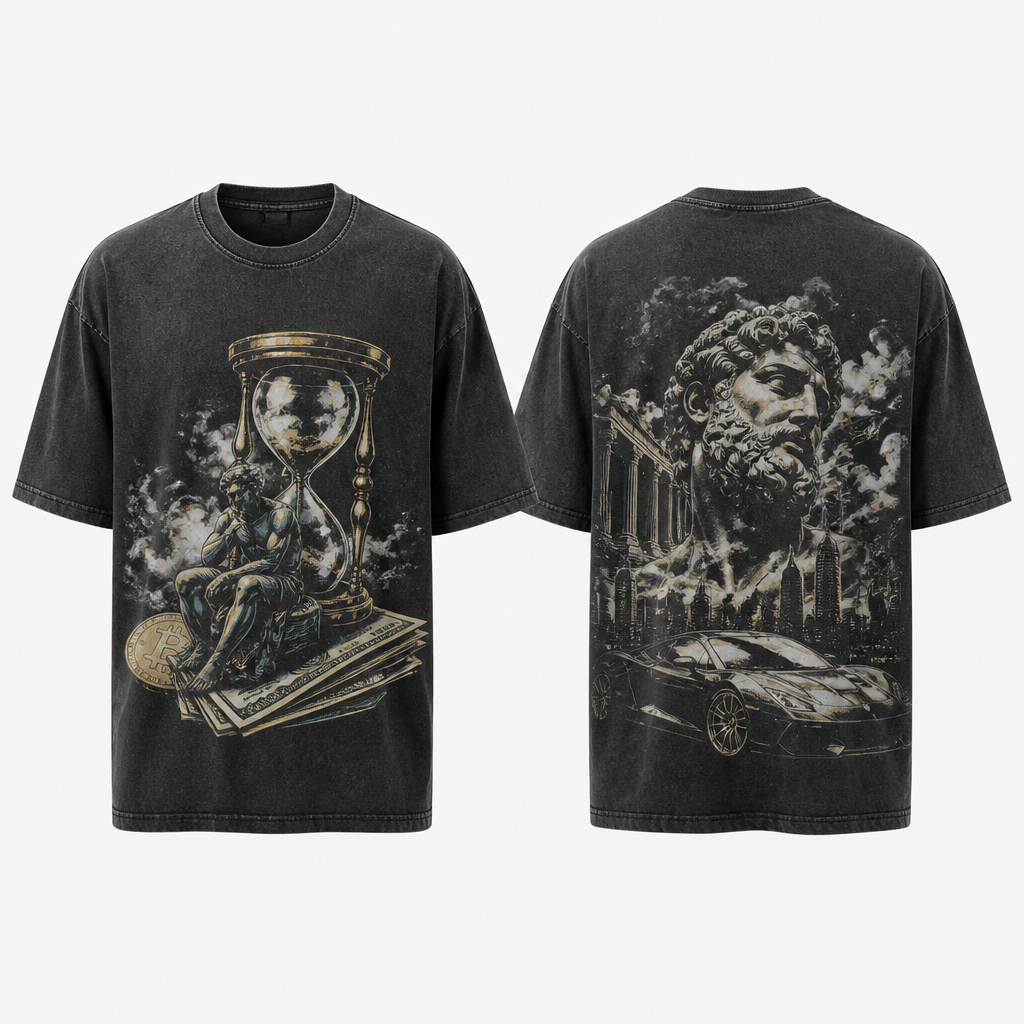 Mens graphic tee with illustrations and word Rich tomorrow
photorealistic fashion design, Mens graphic tee with illustrations and word Rich tomorrow , just the design no text, show front and back