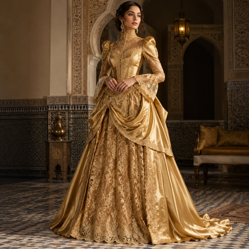 A Female Dress design, suitable for Fall. فستان فيكتوري ذهبي اللون من الساتان و الدانتيل. Morocco fashion aesthetics. Present it as professional fashion catalogue photography: the garment is the subject, shown full-length with editorial styling, neutral posing and tasteful, non-suggestive framing.
photorealistic fashion design, A Female Dress design, suitable for Fall. فستان فيكتوري ذهبي اللون من الساتان و الدانتيل. Morocco fashion aesthetics. Present it as professional fashion catalogue photography: the garment is the subject, shown full-length with editorial styling, neutral posing and tasteful, non-suggestive framing., just the design no text