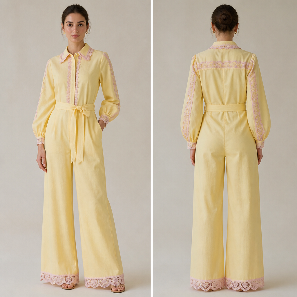 A Female Jumpsuit design, made of Cotton, suitable for Summer. tu peux me faire une ensemble modeste tu peux me faire une ensemble modeste en jaune dans les bordure en dentelle rose. France fashion aesthetics.
photorealistic fashion design, A Female Jumpsuit design, made of Cotton, suitable for Summer. tu peux me faire une ensemble modeste tu peux me faire une ensemble modeste en jaune dans les bordure en dentelle rose. France fashion aesthetics., just the design no text, show front and back