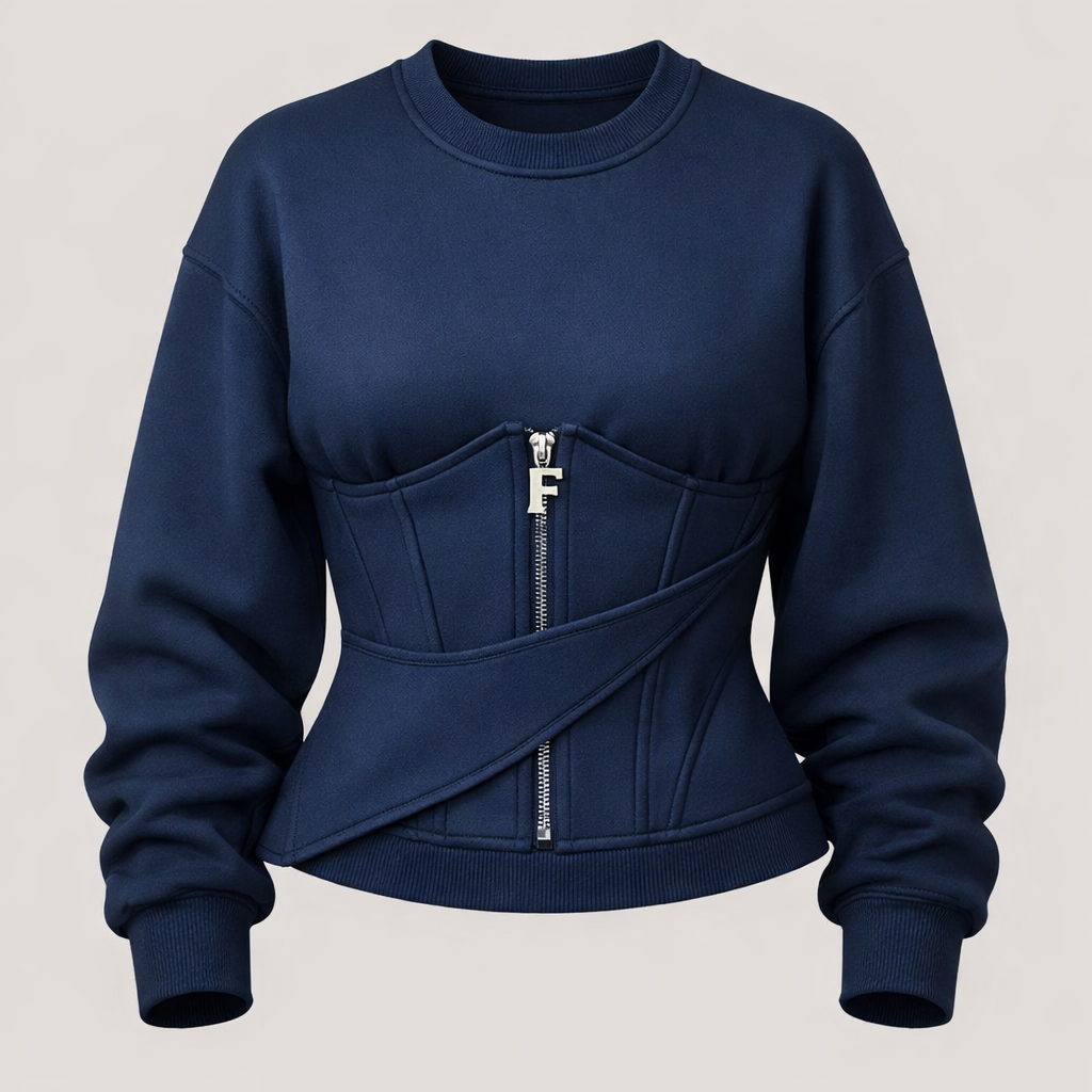 “Design a navy blue sweatshirt with a slightly oversized fit and a built-in corset silhouette. The corset features a visible front zipper, with the zipper pull designed in the shape of the letter ‘F’ as a distinct design element. The corset is made from soft, flexible fabric, not rigid, ensuring comfort and ease of movement. The design includes an asymmetric wrap detail across the waist, adding a modern and fashion-forward touch. Subtle raised seam lines in the same navy color enhance the structured yet elegant look. The overall aesthetic is modern, minimal, and stylish athleisure.”
Sportswear fashion design: Design a navy blue sweatshirt. It has a slightly oversized fit with a soft, built-in corset. The corset features a visible front zipper with an 'F' shaped pull. An asymmetric wrap detail crosses the waist. Subtle raised seam lines in navy complete this modern, minimal Sportswear look.