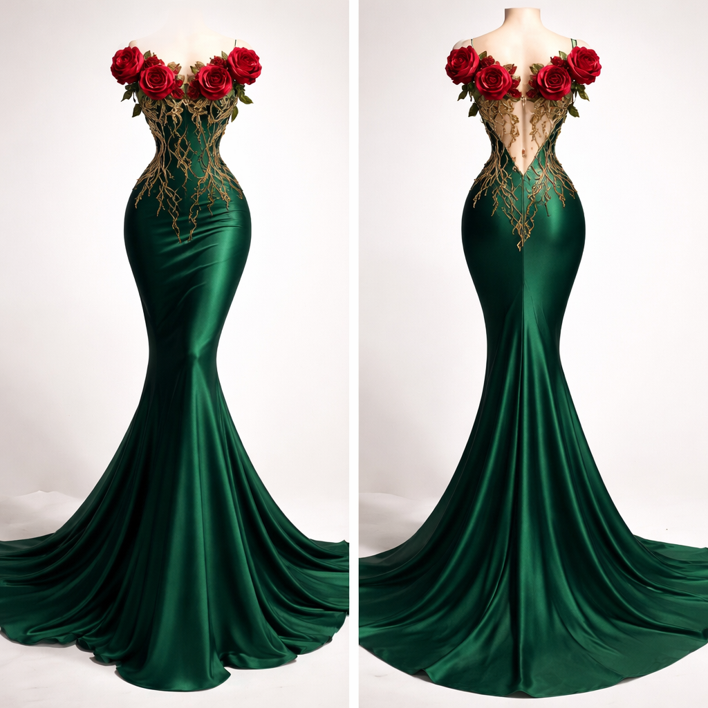 Silk green fabric,. Eight whole red roses, with gold roots reaching their waists and leaves, stand upright at chest level, side by side from left to right, from highest to lowest. and the back mermaid shape, long dress and the back mermaid shape, long dress
Silk green fabric,. Eight whole red roses, with gold roots reaching their waists and leaves, stand upright at chest level, side by side from left to right, from highest to lowest. and the back mermaid shape, long dress and the back mermaid shape, long dress, classic style, show front and back