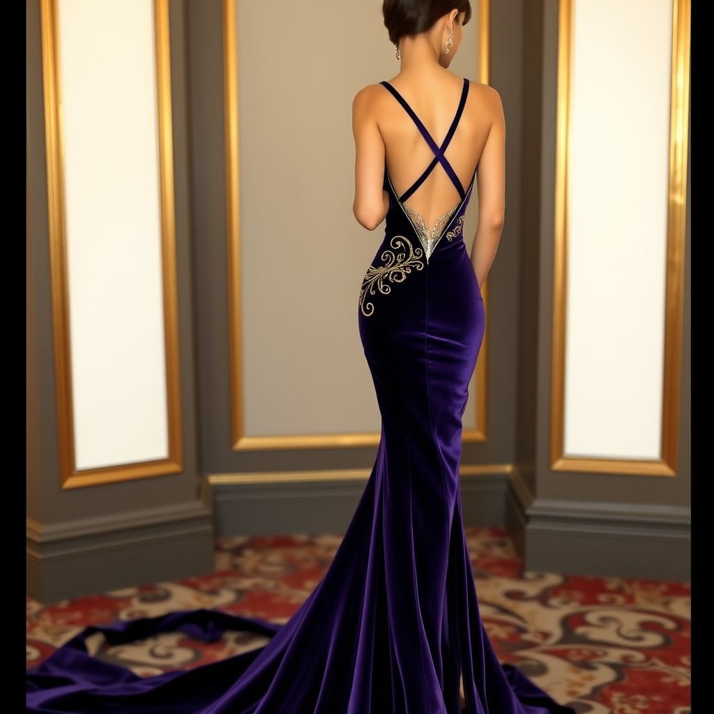 Silhouette: • Fitted mermaid cut to accentuate the curves • Deep V neckline with subtle mesh panel for structure • Low open back with crisscross velvet straps for drama Fabric: • Rich velvet in a deep royal purple or midnight emerald green • Inner lining with silk for comfort and movement Details: • Gold embroidered appliqué along the neckline and cascading down one side of the hip (featuring swirls that match the ALIAA crest design) • The ALIAA logo embroidered on the left wrist area in gold thread—subtle, but signature • A long flowing velvet train edged in black organza for texture contrast Accessories: • Long gold cuff bracelets • Minimalist diamond drop earrings • Velvet platform heels with gold soles
Create a timeless evening gown featuring a fitted mermaid silhouette to beautifully accentuate the figure. Design a deep V neckline adorned with a delicate mesh panel for elegant structure. Incorporate a low open back with crisscross velvet straps that evoke drama. Crafted in luxurious royal purple or midnight emerald green velvet, the gown’s sumptuous inner silk lining ensures comfort. Adorn gold embroidered appliqué along the neckline, cascading gracefully down one hip, echoing the swirls of the ALIAA crest. The left wrist subtly displays the ALIAA logo in gold thread. Complete the look with a flowing velvet train edged in black organza for added texture. Accessories include long gold cuff bracelets, minimalist diamond drop earrings, and velvet platform heels with gold soles, embodying classic sophistication.