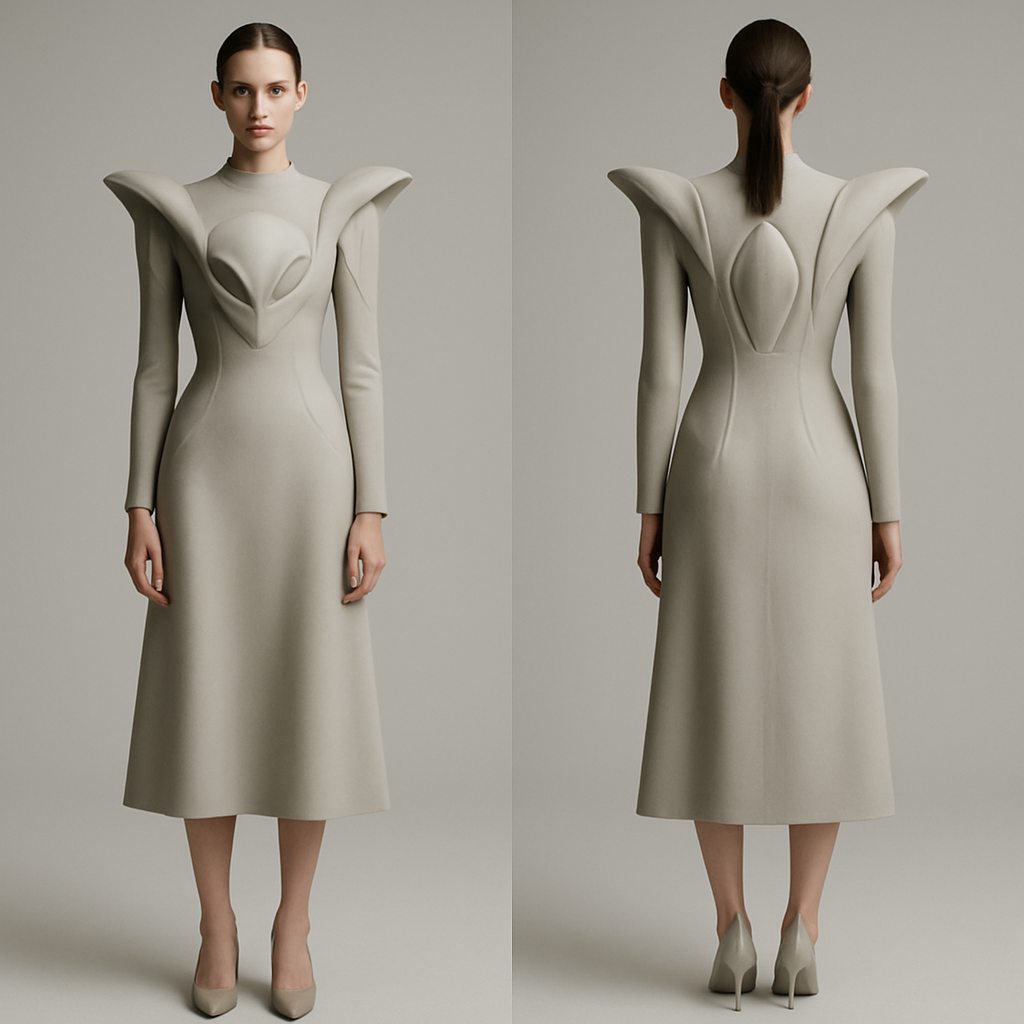 Create me a Women’s Unique Alien wear design dress. It should be below the knees (mid calf length). Runway designed.
Create me a Women’s Unique Alien wear design dress. It should be below the knees (mid calf length). Runway designed.
, minimalist style, show front and back