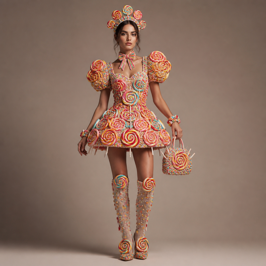 VESTIDO DE PIRULITO MANGA DE PIRULITO SAPATO DE PIRULITO MEIA DE PIRULITO BOLSA DE PIRULITO FITA NO PESCOÇO DE PIRULITO COROA DE PIRULITO PULSEIRA DE PIRULITO. Brazil fashion aesthetics. Present it as professional fashion catalogue photography: the garment is the subject, shown full-length with editorial styling, neutral posing and tasteful, non-suggestive framing.
photorealistic fashion design, VESTIDO DE PIRULITO MANGA DE PIRULITO SAPATO DE PIRULITO MEIA DE PIRULITO BOLSA DE PIRULITO FITA NO PESCOÇO DE PIRULITO COROA DE PIRULITO PULSEIRA DE PIRULITO. Brazil fashion aesthetics. Present it as professional fashion catalogue photography: the garment is the subject, shown full-length with editorial styling, neutral posing and tasteful, non-suggestive framing., just the design no text