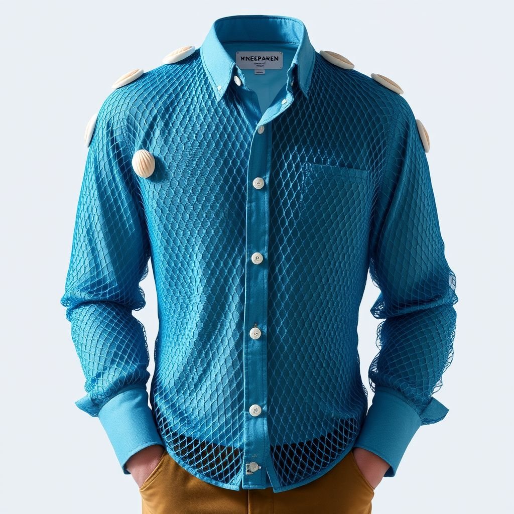 Create a design where the men’s top is wide netting like he’s a merman that just got out of the ocean. Make it a button down top. Incorporate seashells onto the design somehow with still making it look masculine
Design a dramatic button-down shirt for men, crafted from wide ocean-blue netting, reminiscent of a merman's embrace. Delicately integrate polished seashells along the shoulders and cuffs, enhancing the masculine silhouette while maintaining an aquatic allure. Accentuate with subtle iridescent threads to reflect sunlight and evoke the ocean's mystical depths.