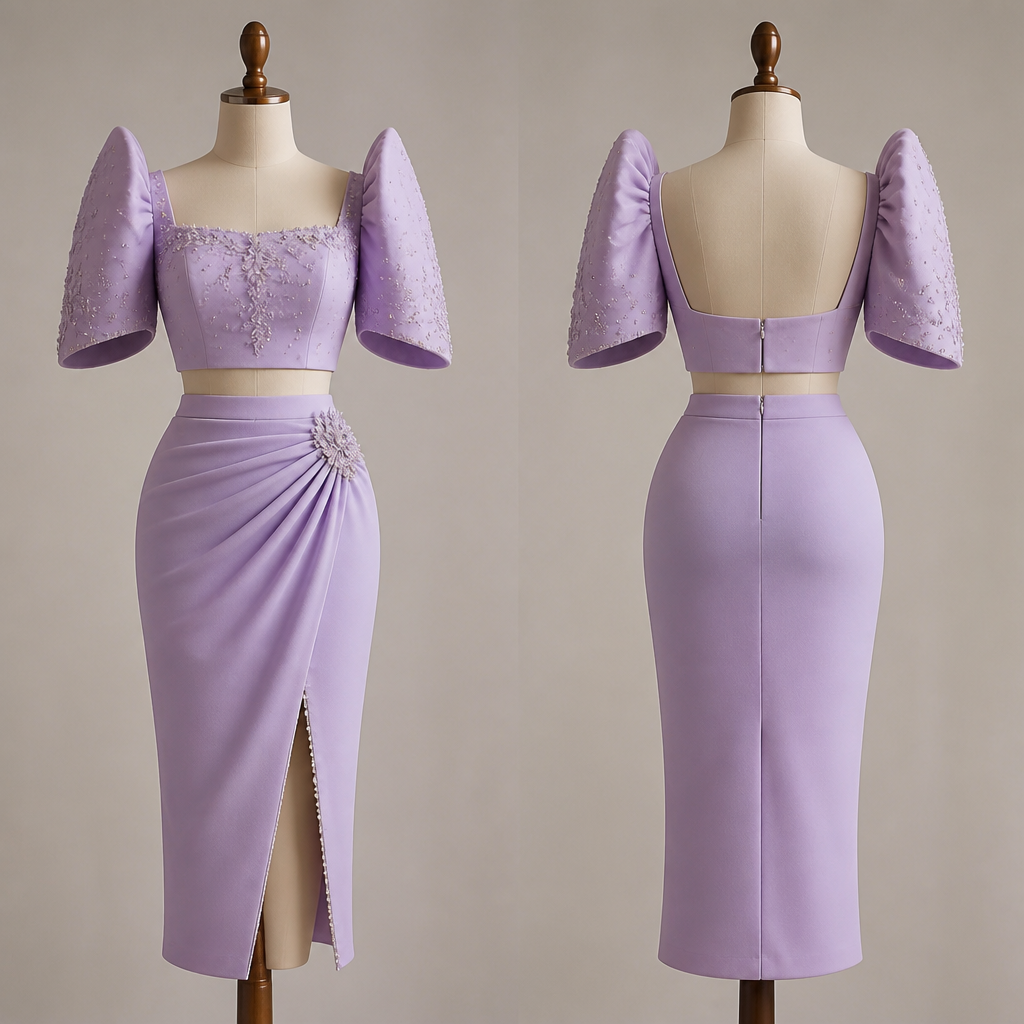 Modern Filipiniana outfit in crop top and below the knee pencil skirt with slit in a plain lavender color. You can add trimmings recommendations and stones. Philippines fashion aesthetics.
photorealistic fashion design, Modern Filipiniana outfit in crop top and below the knee pencil skirt with slit in a plain lavender color. You can add trimmings recommendations and stones. Philippines fashion aesthetics., just the design no text