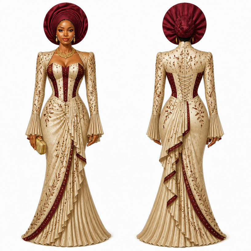 No I want the ofi to be pleated down part and also a long sleeve with pleat and corset dress
edit the attached fashion design with these instructions: No I want the ofi to be pleated down part and also a long sleeve with pleat and corset dress. keep it photorealistic, just the design no text