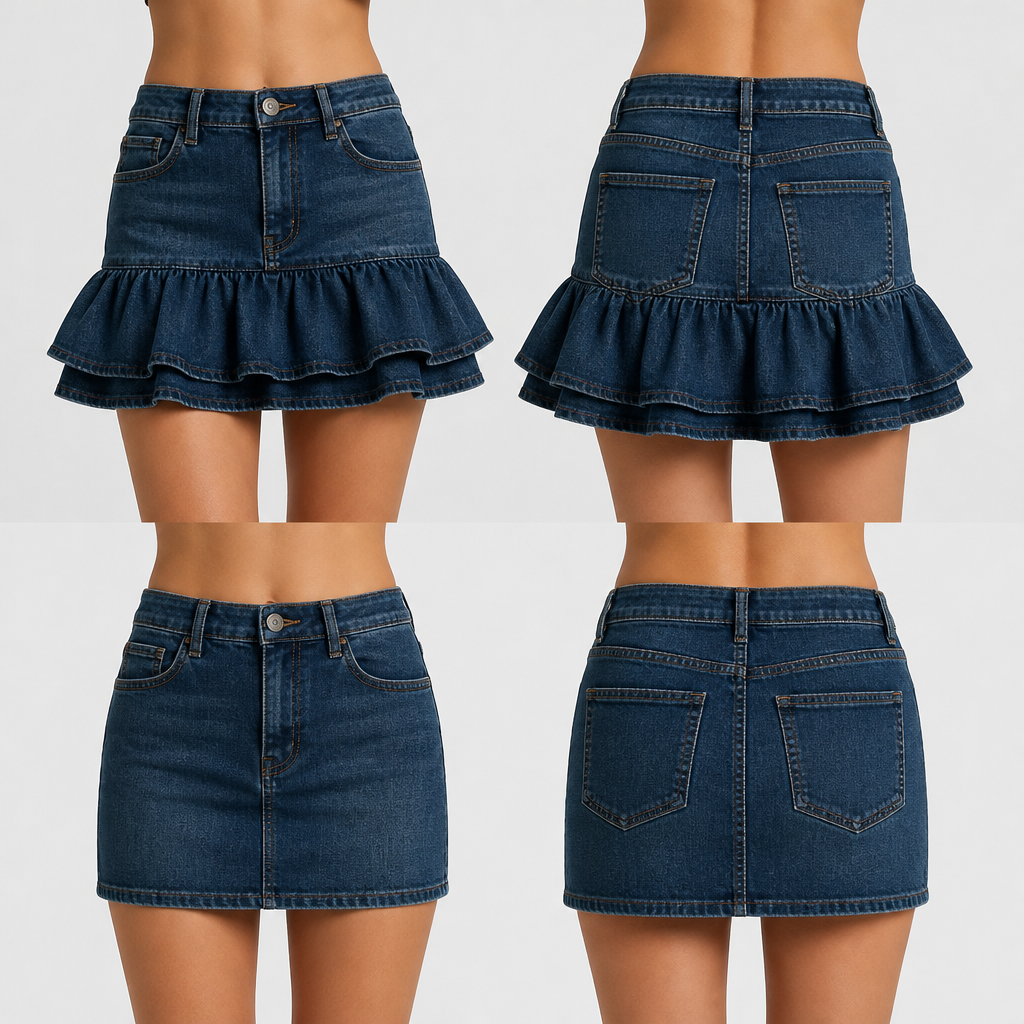 A Female Dress design. hacer una pollera con volado desmontable con un cierre o broche que quede invisible, que sea una pollera míni con volado y otra pollera mini recta q sea de jean. Argentina fashion aesthetics.
photorealistic fashion design, A Female Dress design. hacer una pollera con volado desmontable con un cierre o broche que quede invisible, que sea una pollera míni con volado y otra pollera mini recta q sea de jean. Argentina fashion aesthetics., just the design no text, show front and back