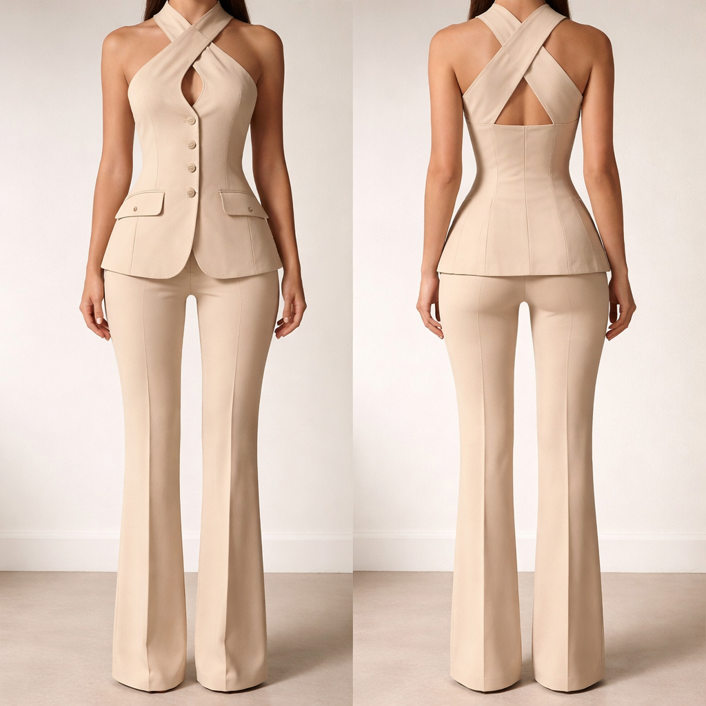 Two piece suit set. Only 3 buttons straight down in the middle on the top on a breasted halter crossed neck top. Thick material. No skin showing at gap of top!!!!!!!Full coverage.All beige, symmetrical pockets only on sides/top piece, no drooping pockets. No back pockets. Extenuate small waist and curvaceous hips. No crop top. Show top to bottom. Thicker cross.
Two piece suit set. Only 3 buttons straight down in the middle on the top on a breasted halter crossed neck top. Thick material. No skin showing at gap of top!!!!!!!Full coverage.All beige, symmetrical pockets only on sides/top piece, no drooping pockets. No back pockets. Extenuate small waist and curvaceous hips. No crop top. Show top to bottom. Thicker cross., business style, show front and back