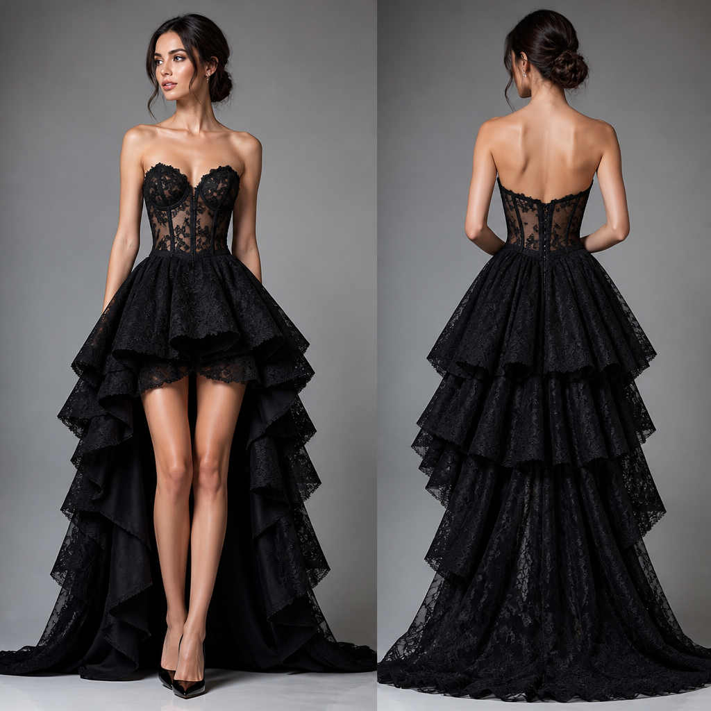 Killer dress with lace bustier and high low big skirt
photorealistic fashion design, Killer dress with lace bustier and high low big skirt
, just the design no text, show front and back