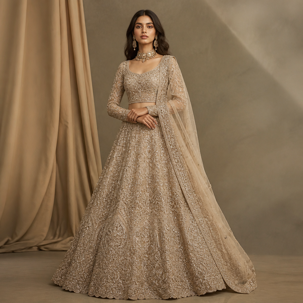 embroidery full a fully embroidery lehenga is full sleeves. India fashion aesthetics. Present it as professional fashion catalogue photography: the garment is the subject, shown full-length with editorial styling, neutral posing and tasteful, non-suggestive framing.
photorealistic fashion design, embroidery full a fully embroidery lehenga is full sleeves. India fashion aesthetics. Present it as professional fashion catalogue photography: the garment is the subject, shown full-length with editorial styling, neutral posing and tasteful, non-suggestive framing., just the design no text