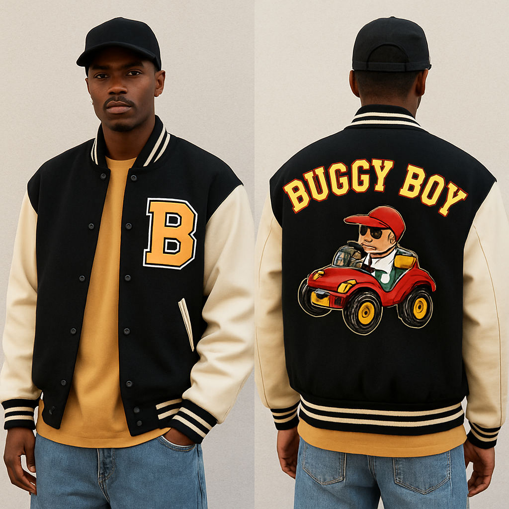 Black man wearing Buggy boy letterman jacket in 90’s fashion street wear with a cartoon character in a dune buggy
Black man wearing Buggy boy letterman jacket in 90’s fashion street wear with a cartoon character in a dune buggy
, streetwear style, show front and back