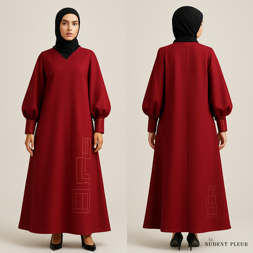 modern, A-line abaya in a bold color. Features statement sleeves and minimalist, geometric embroidery. Stylish, modest, and perfect for everyday wear. And that is not out there yet. Making the designs high end that will stand out for my clothing brand “The Modest Fleur