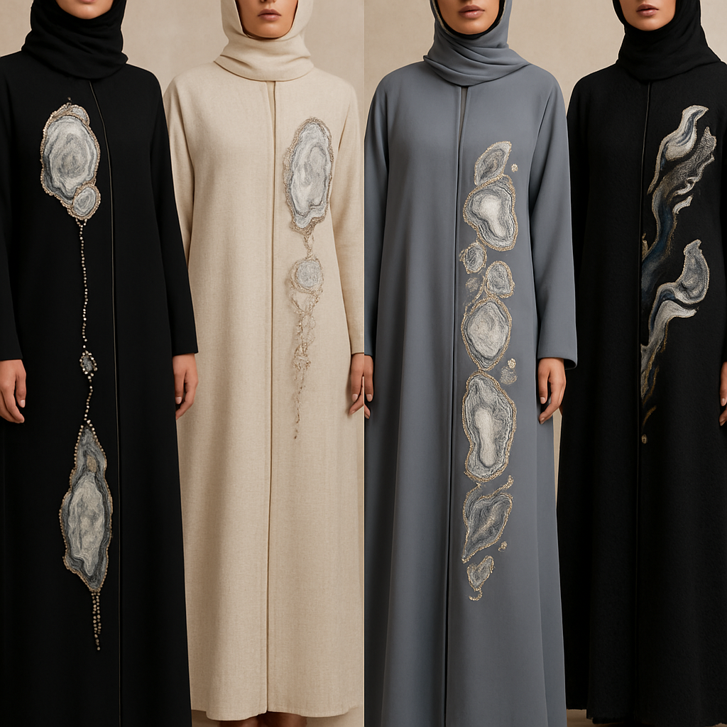 Create a modest abaya that's the first of its kind, featuring a unique stone design that exudes a classy and sophisticated vibe. I'd like four designs, each showcasing different styles and fabrics.
Incorporate high-end, unique chic stone designs to make them truly special. Add a little sophisticated stone work to it.

Create a modest abaya that's the first of its kind, featuring a unique stone design that exudes a classy and sophisticated vibe. I'd like four designs, each showcasing different styles and fabrics.
Incorporate high-end, unique chic stone designs to make them truly special. Add a little sophisticated stone work to it.