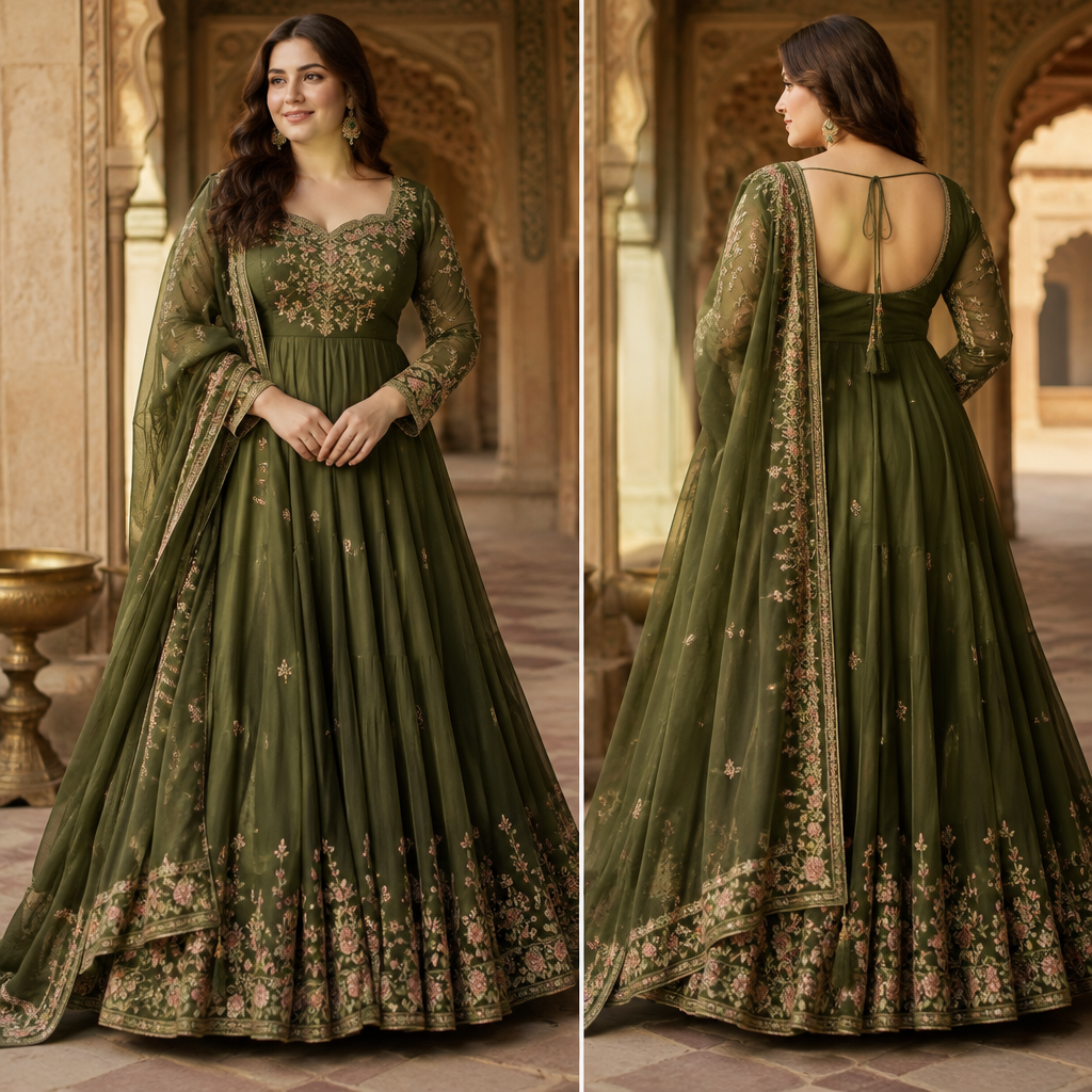 A Female Dress design, suitable for Fall, shown on a model with fair skin and a curvy figure. make a dress in aesthetic green describe to fairy. India fashion aesthetics. Present it as professional fashion catalogue photography: the garment is the subject, shown full-length with editorial styling, neutral posing and tasteful, non-suggestive framing.
photorealistic fashion design, A Female Dress design, suitable for Fall, shown on a model with fair skin and a curvy figure. make a dress in aesthetic green describe to fairy. India fashion aesthetics. Present it as professional fashion catalogue photography: the garment is the subject, shown full-length with editorial styling, neutral posing and tasteful, non-suggestive framing., just the design no text
